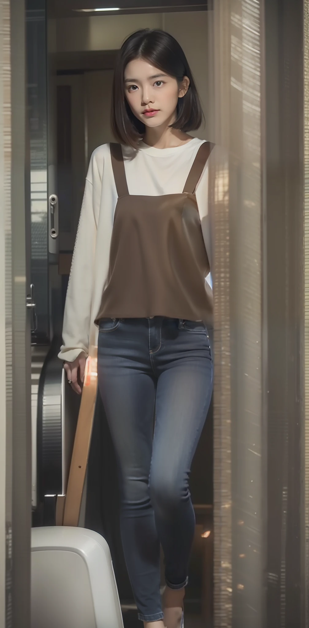 Zhu Ai_Villas,RAW photos,Brand photos,(highdetailskin:1.2),8k ultra high definition,digital SLR camera,gentlesoftlighting,high high quality,filmgrain,富士XT3,20 years old Asian woman,Wear simple clothes,T-shirt and skinny jeans,Detailed clothing details:1.3,perfect body figure,The legs are straight and slender,Super detailed facial details and skin,Fair and tender face and skin,二重まぶた,Super detailed eyes,The real human body,human focus,focus on the waist,taking a full body photo:1.8