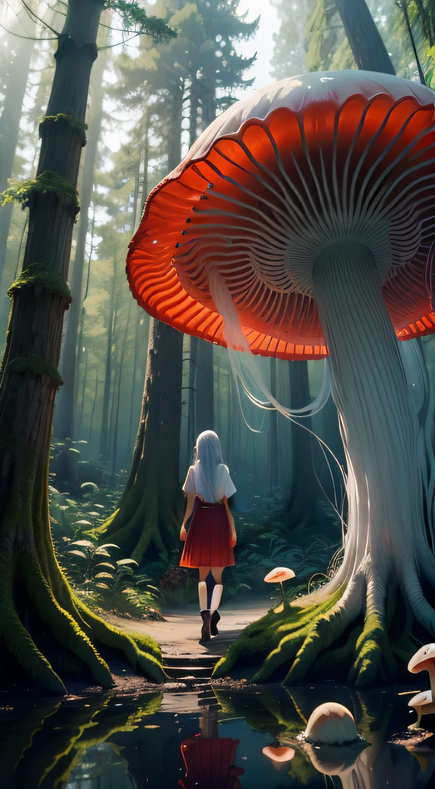 red jellyfish,jellyfishforest, 1girl, long hair, dress, solo, white hair,t-shirt, mushroom, nature, jeans, outdoors, tree, walking, forest, water