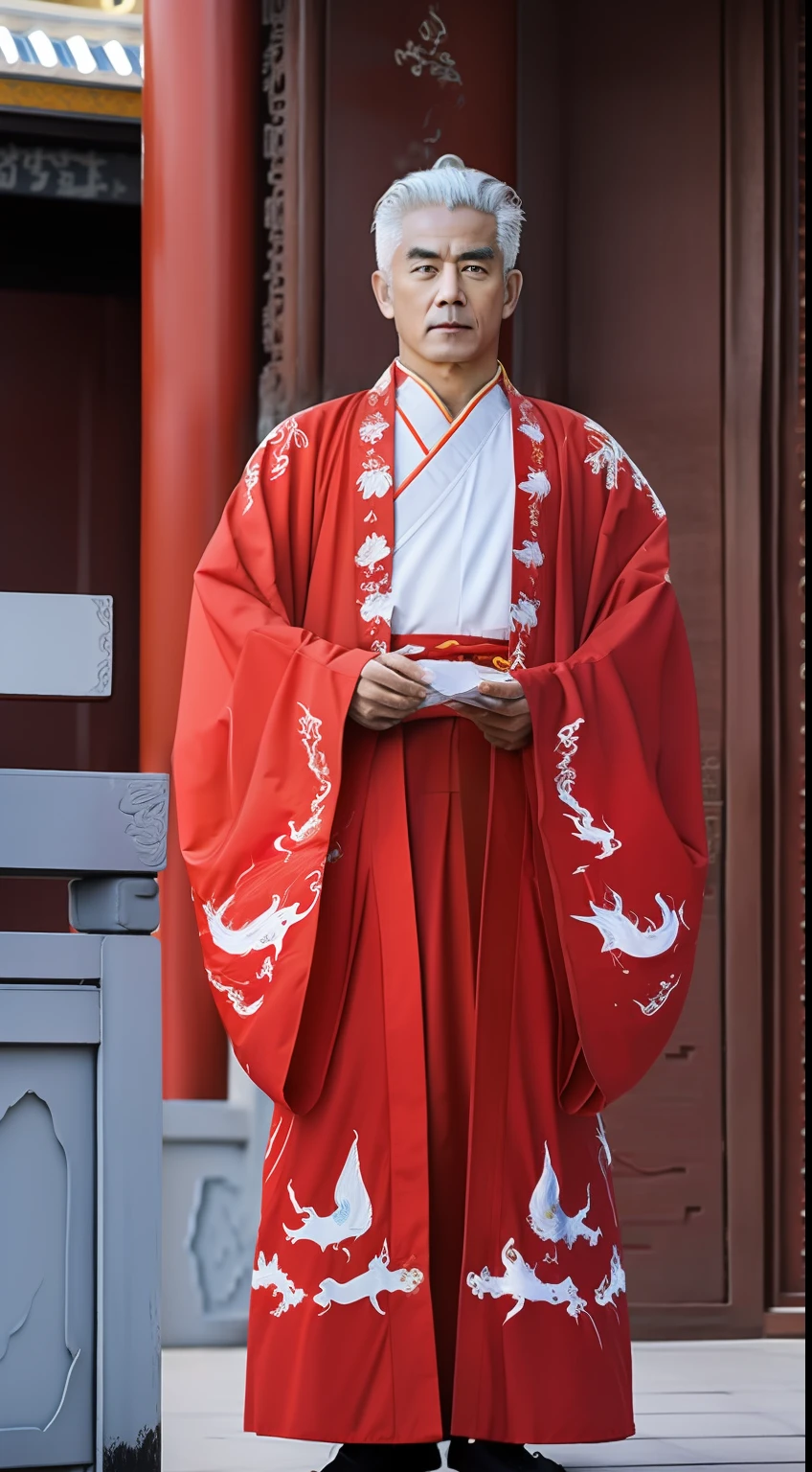 Masterpiece, Highest quality, (solofocus),, (High detail: 1.1),dojo，Red and yellow robes，The male， Man, chinese crown, 1人,and white hair,超高分辨率 , Detailed background, realisticlying, wearing a detailed and intricate xianxia antique outfit