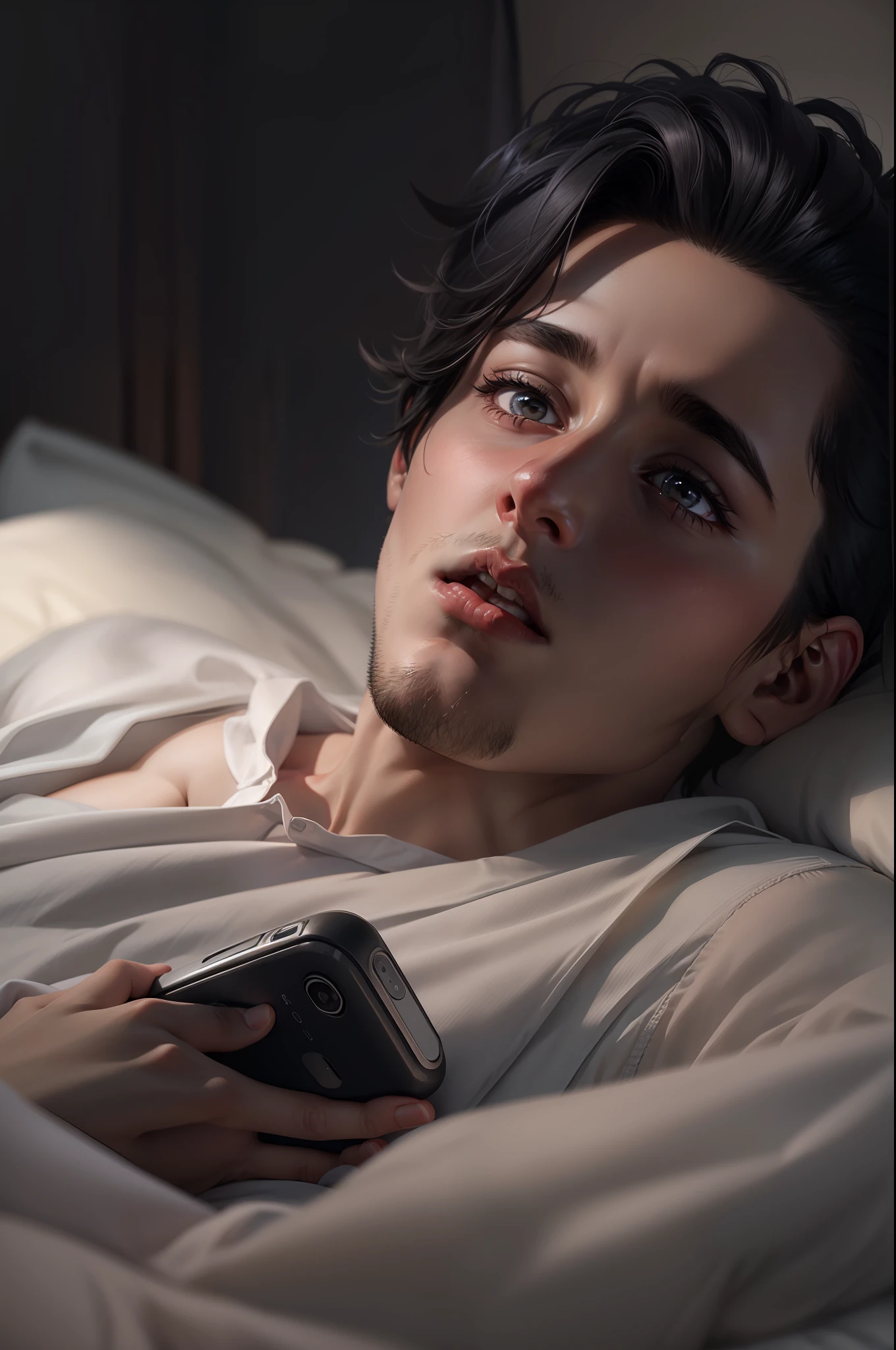 Ultra realistic image of a 25 year old man, short black hair, dressed in a simple white blouse, lying on a bed, with a cell phone resting on his chest, expression of fear, night