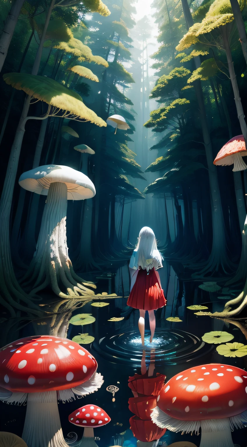 red jellyfish,jellyfishforest, 1girl, long hair, dress, solo, white hair,t-shirt, mushroom, nature, jeans, outdoors, tree, walking, forest, water