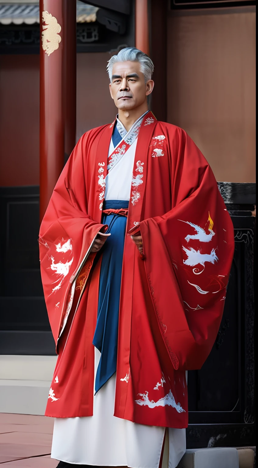 Masterpiece, Highest quality, (solofocus),, (High detail: 1.1),dojo，Red and yellow robes，The male， Man, chinese crown, 1人,and white hair,超高分辨率 , Detailed background, realisticlying, wearing a detailed and intricate xianxia antique outfit