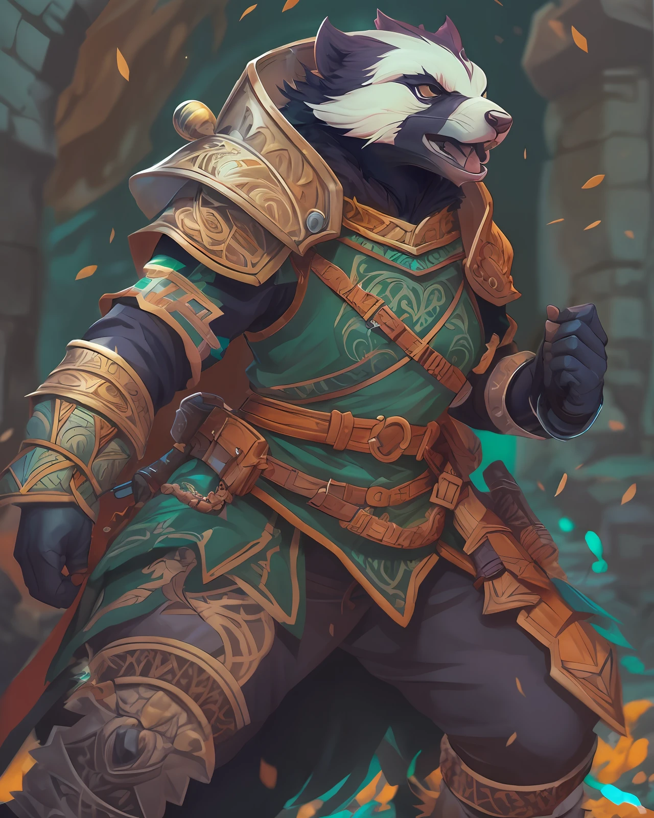 multicolor, inspired by atey ghailan, anthro ((female)) honey badger , paladin, dungeons and dragons, intricate details, intricate backgrounds, dynamic action pose