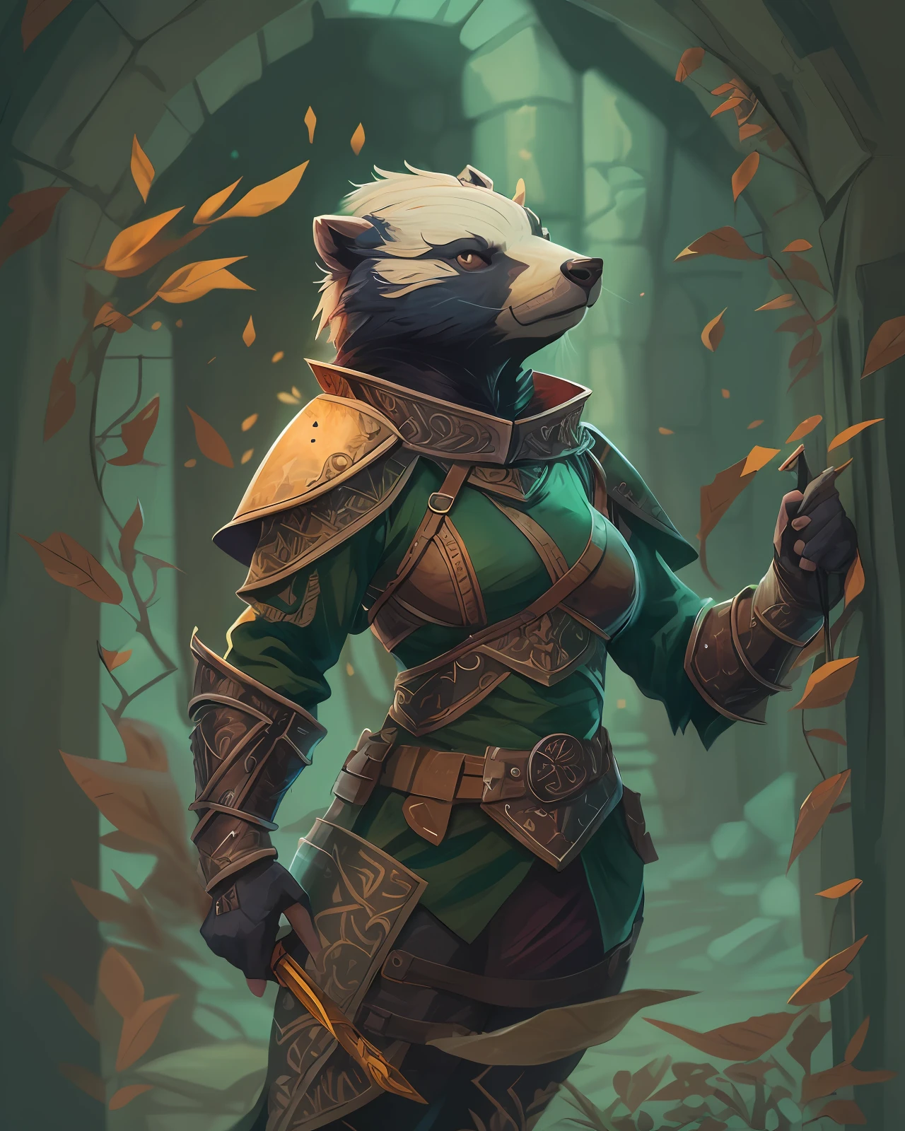 multicolor, inspired by atey ghailan, anthro ((female)) honey badger , paladin, dungeons and dragons, intricate details, intricate backgrounds, dynamic action pose