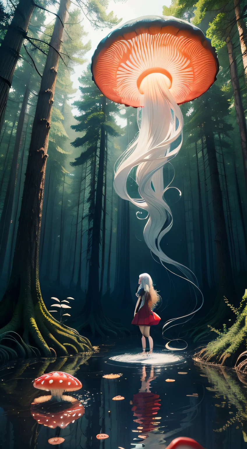 red jellyfish,jellyfishforest, 1girl, long hair, dress, solo, white hair,t-shirt, mushroom, nature, jeans, outdoors, tree, walking, forest, water