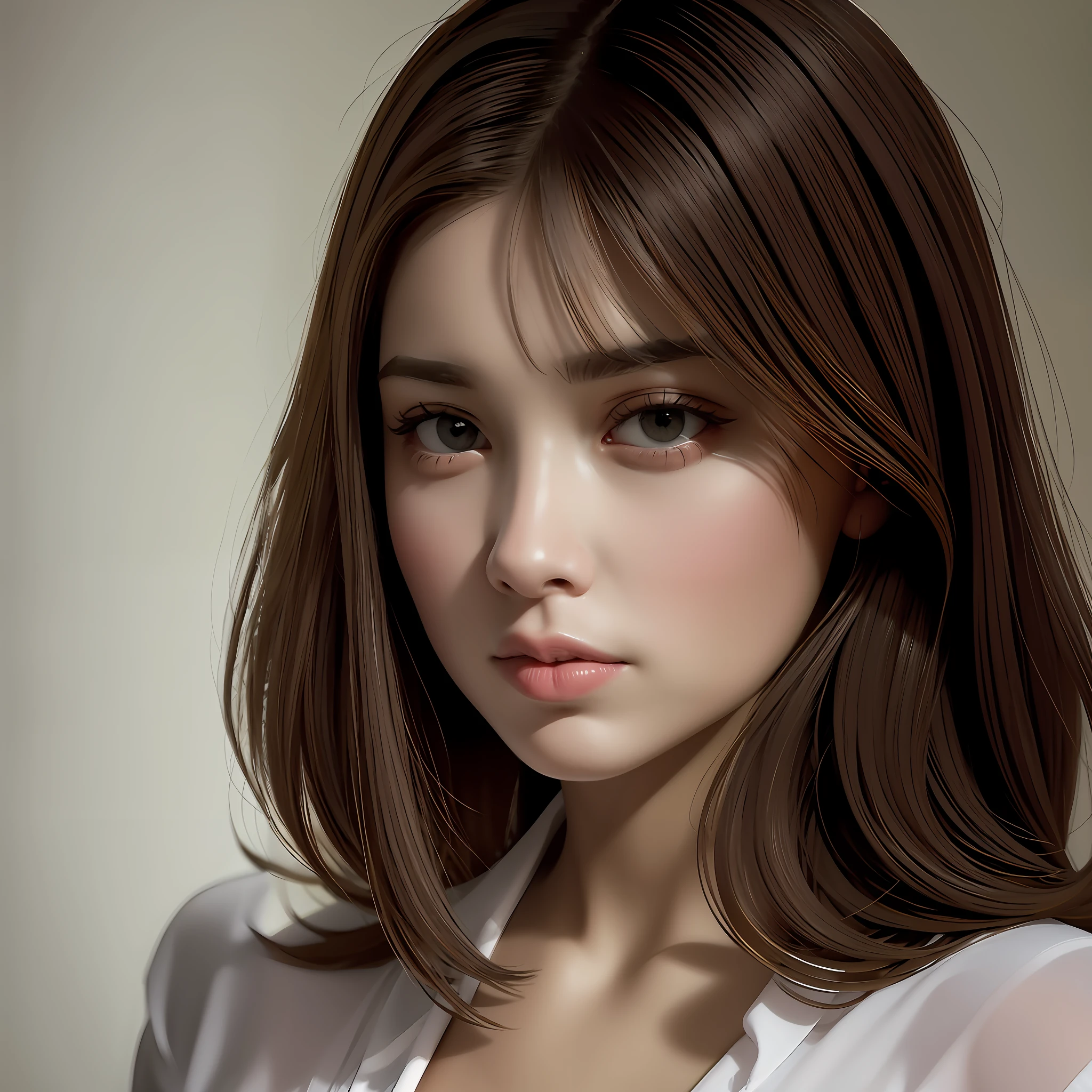 there is a woman in a white shirt and black skirt posing, Wearing a blouse, wearing in shirt, in a white shirt, Revealing clothes, cleavage, in a white shirt, Open Shirt, Open V chest clothes, Chest covered、SFW, Seductive Anime Girl, fine white shirt, exquisite and smooth details, Photorealistic perfect body, smooth translucent white skin, wearing white silk