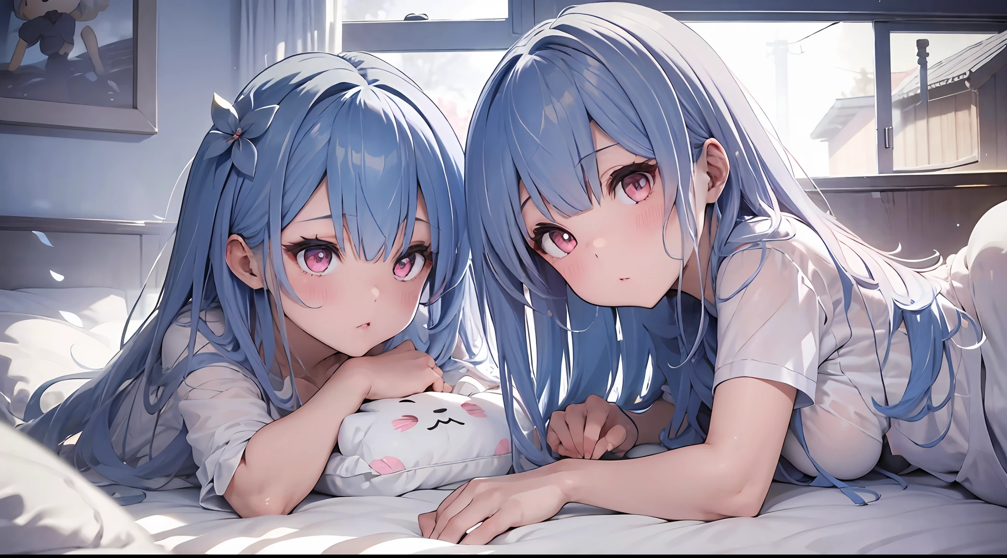 2 20-year-old goddesses lying on their stomachs on the bed, mix4, Sweaters, pillow head, cparted lips, Open_Mouth, photorealestic, Photo_\(curly\), 独奏, stuffed_Animal, stuffed_toys, teddy_bear,(tmasterpiece),(realisticlying:1.3), Hyper-detailing, (highdetailskin:1.2),(best qualtiy:1.0), (超高分辨率:1.0), (Ulzzang-6500:0.3), Wavy detail hair, long whitr hair, rays of sunshine, (Beautiful detail makeup), (Sexual arousal blushing heavy breathing:1.0), Flower theme flower petals scattered, (Soft glow overflow:0.5),H-cup huge breasts,Blush,