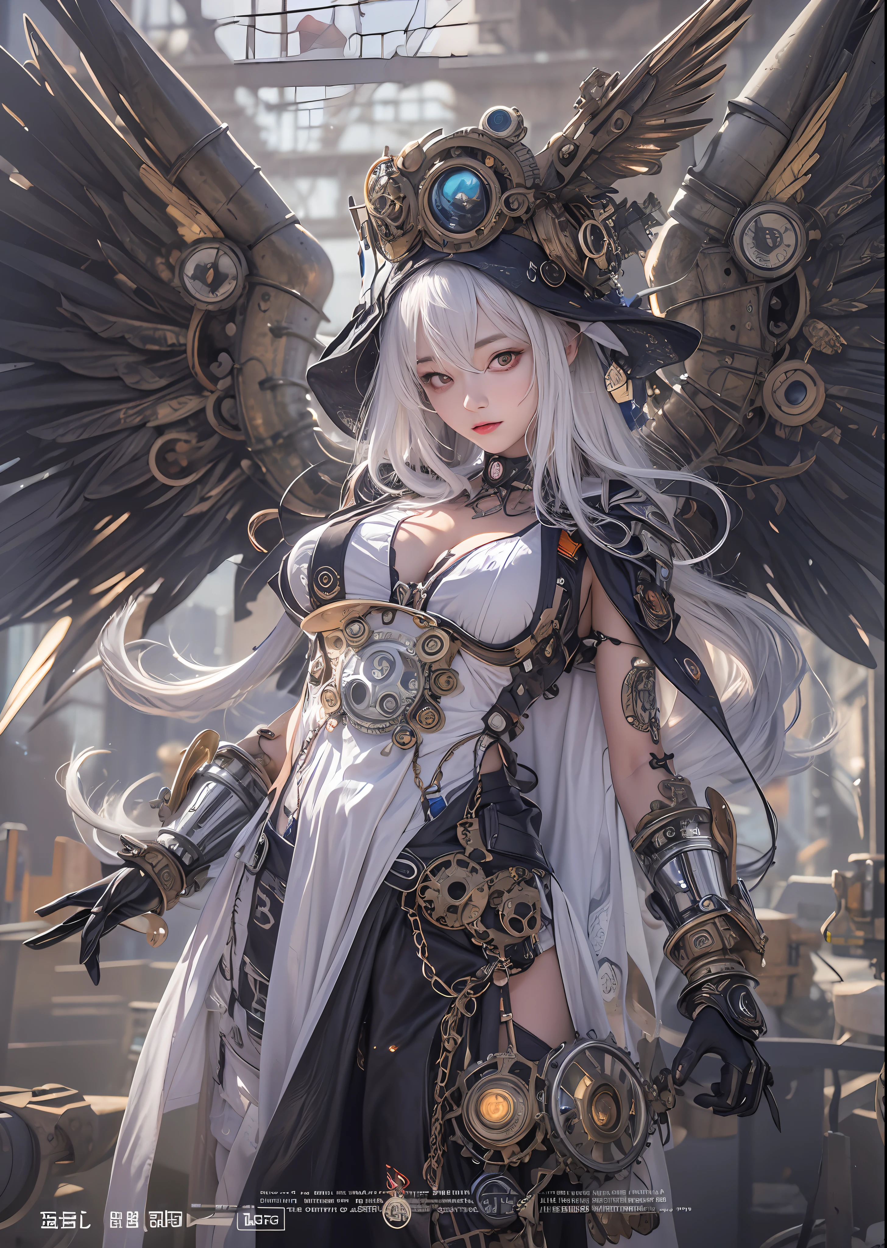top-quality、masterpiece、超A high resolution、(Photorealsitic:1.4)、Raw photo、Steampunk Cyborg Angel、large wings made of metal、White porcelain body、Acrylic Clear Cover、white hair、glowy skin、1 steampunk girl、((super realistic details))、portlate、globalillumination、Shadow、octan render、8K、ultrasharp、character edge light,Colossal tits、Raw skin is exposed in cleavage、Details of complex ornaments、Sumerian details、Hydraulic cylinder、Small LED lamp、highly intricate detail、Realistic light、a purple eye、radiant eyes、Facing the camera、neon details、cowboy shot、Futuristic headgear、The background is a steampunk city、、