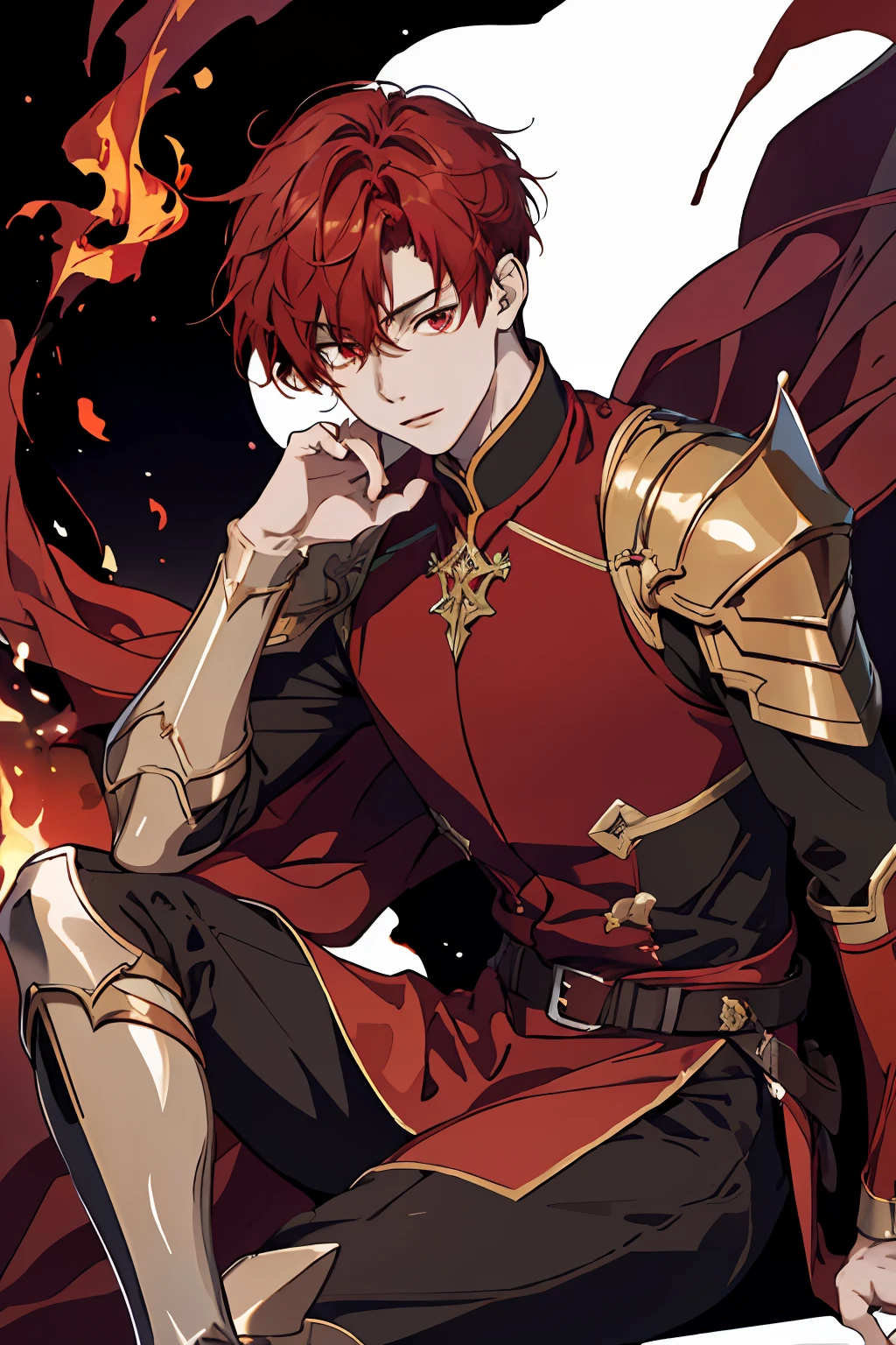 masterpiece, high quality, 1boy,solo,fire,flame,dark background,floating,from below,sitting,male focus,lordgrim\(quanzhigaoshou\), lordgrim\,open mouth, red hair, red eyes, dagger