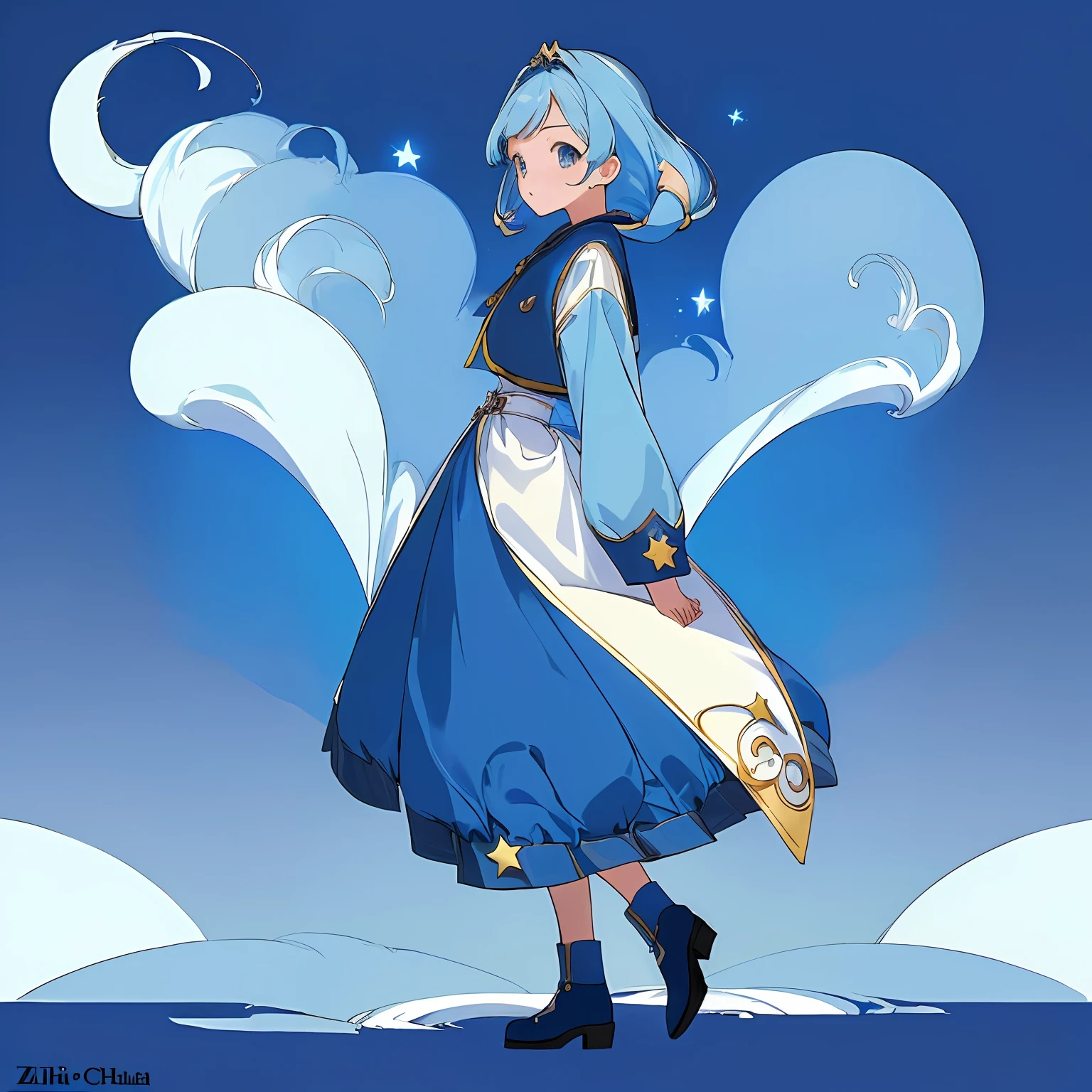 ((masterpiece)),(((best quality))),(character design sheet, same character, front, side, back), illustration, 1 girl, hair color, bangs, hairstyle fax, eyes, environment change scene, Hairstyle Fax, Pose Zitai, Female, Denim shorts, blue coat, Star, Charturnbetalora, (simple background, white background: 1.3), --6