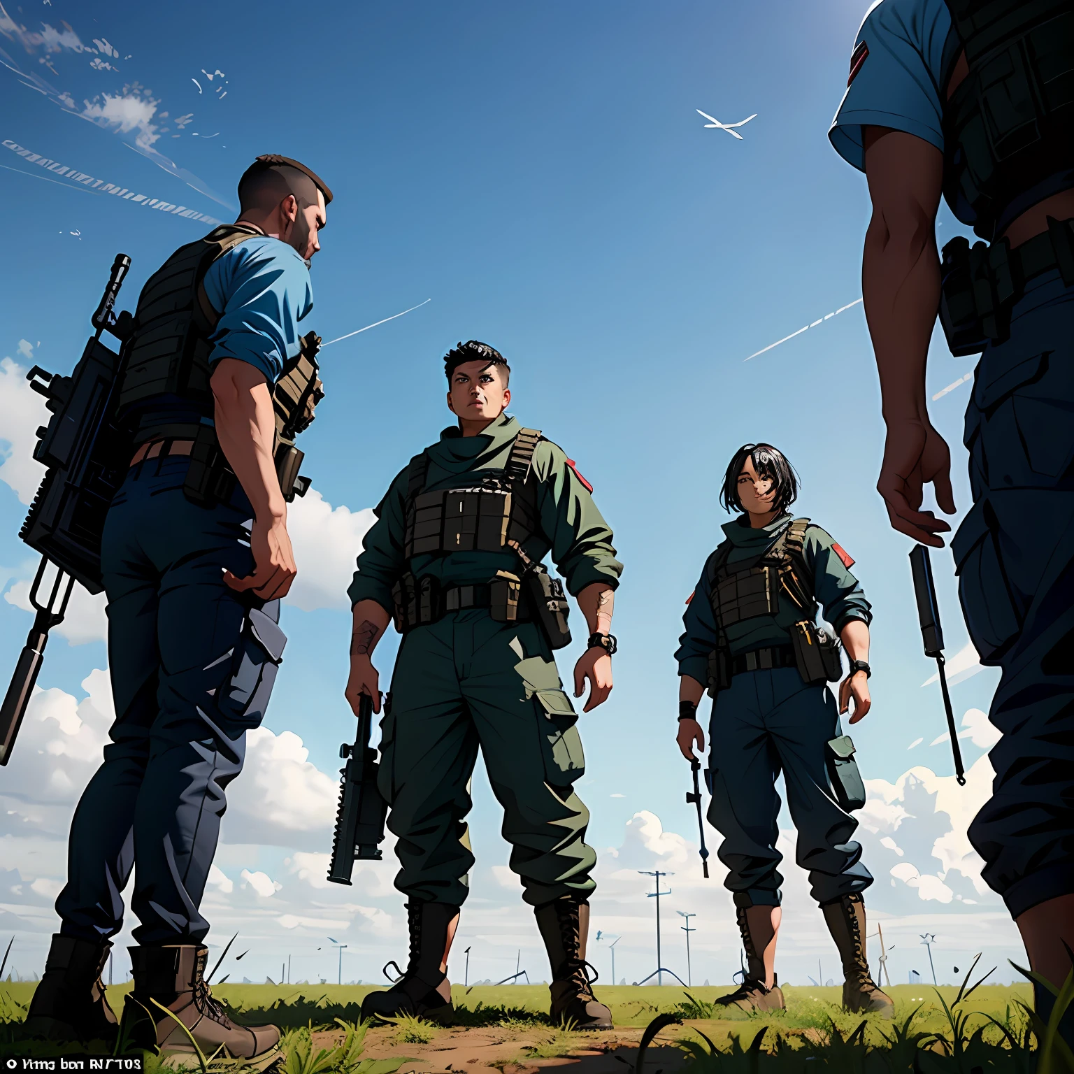 Heavily armed soldiers stand in an open field，Strong physique，Short black hair，There are traumas of various sizes on the body，A bloody bandage wrapped around his arm