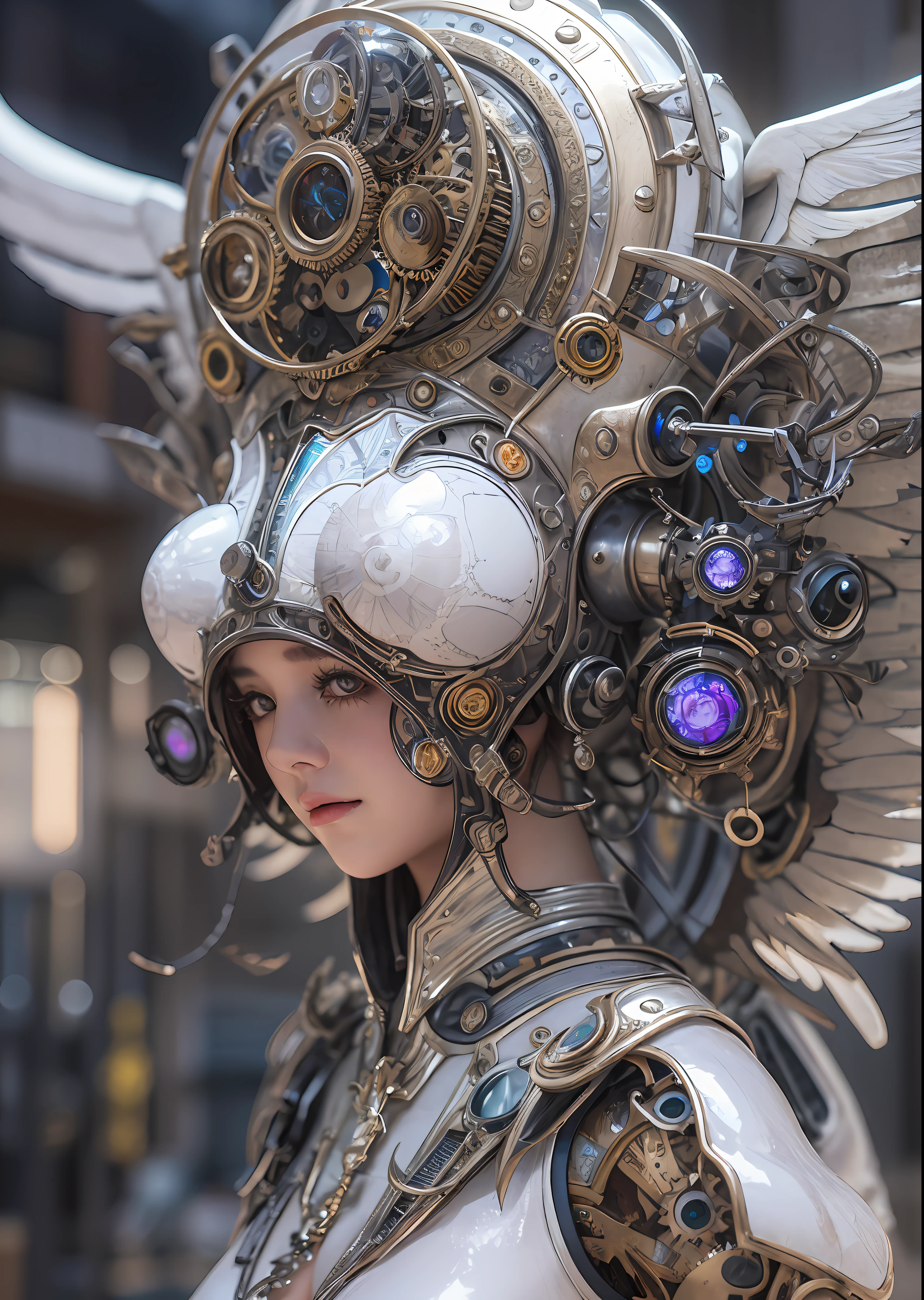 top-quality、masterpiece、超A high resolution、(Photorealsitic:1.4)、Raw photo、Steampunk Cyborg Angel、large wings made of metal、White porcelain body、Acrylic Clear Cover、white hair、glowy skin、1 steampunk girl、((super realistic details))、portlate、globalillumination、Shadow、octan render、8K、ultrasharp、character edge light,Colossal tits、Raw skin is exposed in cleavage、Details of complex ornaments、Sumerian details、Hydraulic cylinder、Small LED lamp、highly intricate detail、Realistic light、a purple eye、radiant eyes、Facing the camera、neon details、cowboy shot、Futuristic headgear、The background is a steampunk city、、