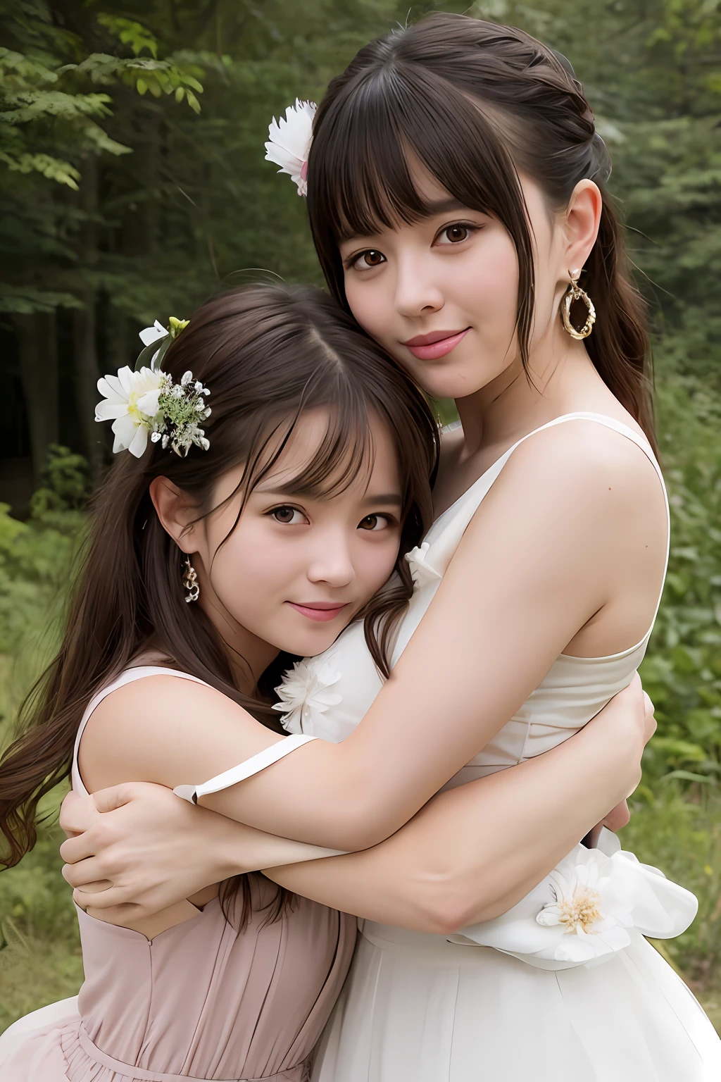 two female anime characters that hug each other in the forest in front of trees,RAW photogr,Realistic, Multiple girls, dress, Smile, 2girls, Open mouth, mitts, Braid, Earrings, White dress, jewelry, One eye closed, hair flower, hair adornments, White gloves, hug, Long hair, flower, Elbow gloves, Red eyes, view the viewer, bangs, Brown hair, Blush, bow, Yellow eyes, Bare shoulders, Black hair,