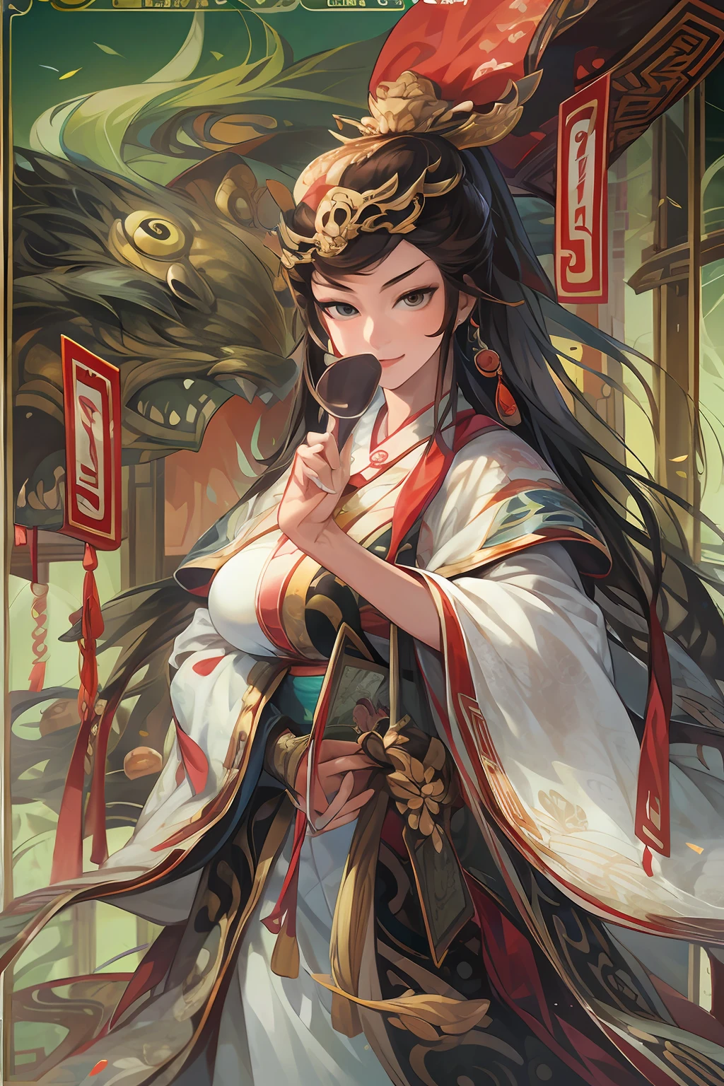Card design、tarot cards，1female，Three Kingdoms killing style:1.2，Ancient Chinese background，A meticulous face，Clear face，big breasts beautiful，Card background、对称，Below is the UI text box，High picture quality，tmasterpiece，best qualtiy，超高分辨率