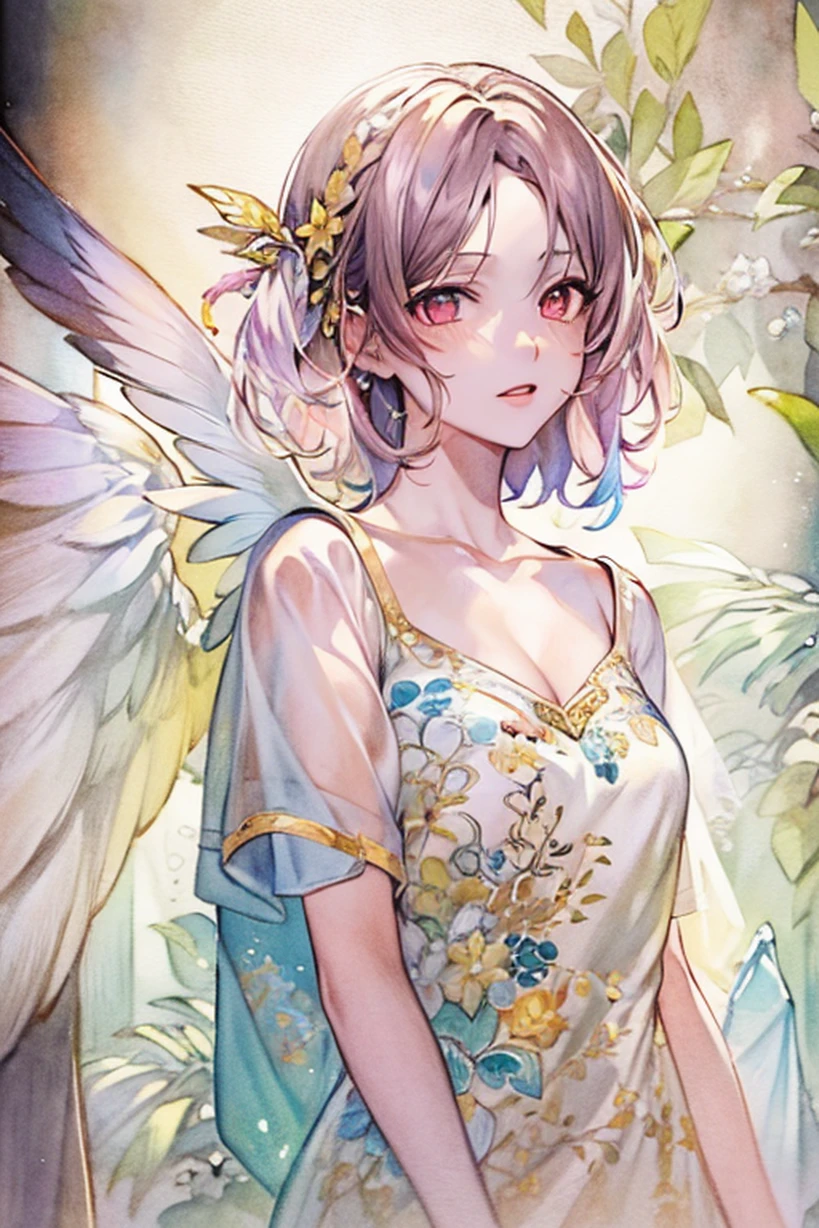 (highres, best quality:1.2), radiance, soft contours, beautiful drawing, concept art, detailed background, bright colors,
1girl, (8k, best quality, masterpiece:1.2),(best quality:1.0), (ultra highres:1.0), watercolor, 1girl, kyoani haruhi style, dress, wings, sparkling clothing, waterfall, (pink brown green color scheme), by agnes cecile, half body portrait, extremely luminous bright design, pastel colors, (ink:1.3), traditional media, watercolor \(medium), watercolor background