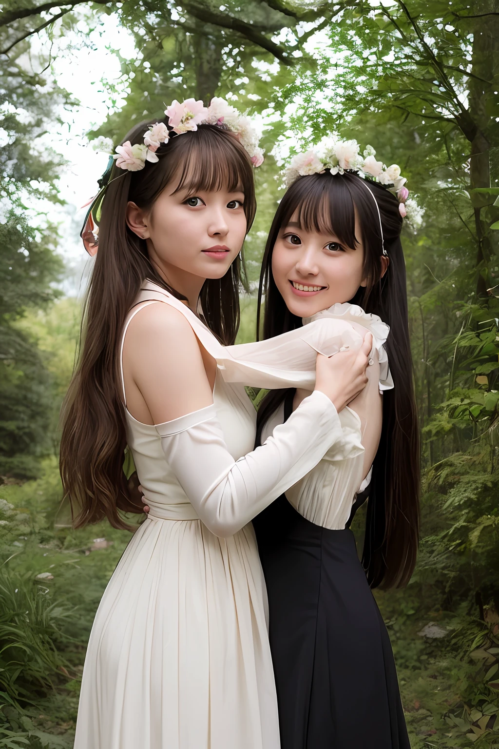 two female anime characters that hug each other in the forest in front of trees,RAW photogr,Realistic, Multiple girls, dress, Smile, 2girls, Open mouth, mitts, Braid, Earrings, White dress, jewelry, One eye closed, hair flower, hair adornments, White gloves, hug, Long hair, flower, Elbow gloves, Red eyes, view the viewer, bangs, Brown hair, Blush, bow, Yellow eyes, Bare shoulders, Black hair,