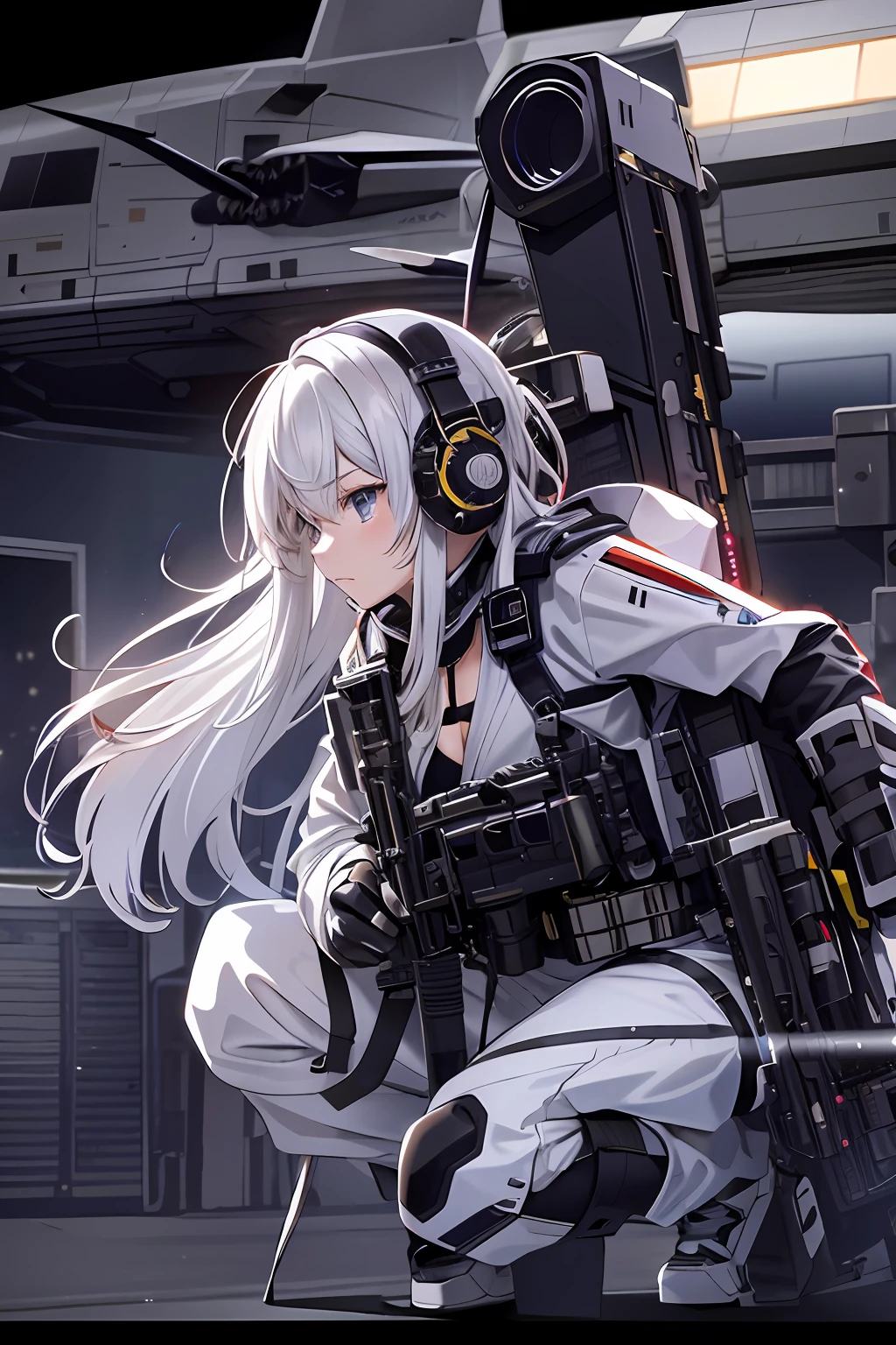 (tmasterpiece, best qualtiy,style of anime,a sense of atmosphere,karo,nigth)(s girl,White color hair,Black helmet,Black body armor,Wear tactical headsets,Put on a tactical mask,closeup cleavage)(in the background, A gunship about to take off at night)