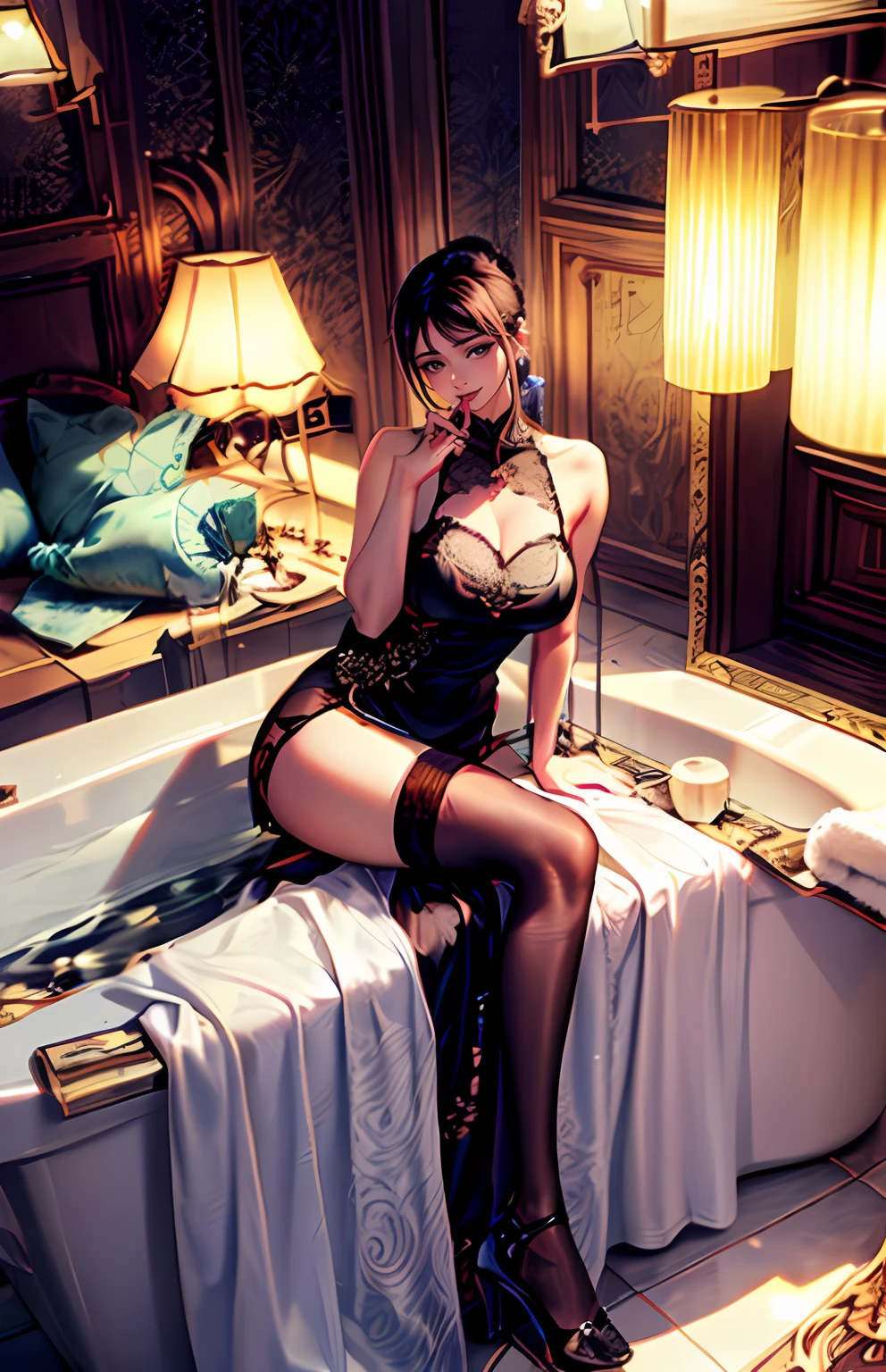 there is a woman that is sitting in a bath tub，wearing silk stockings, Sexy girl, elegant seducing pose, gorgeous chinese models, Full length and white stockings, Gorgeous lady, Sexy dress, elegant sleek smooth body, full-body xianxia, sexy-s 100, with a seductive smile, Gorgeous female jade tailor, 2263539546]