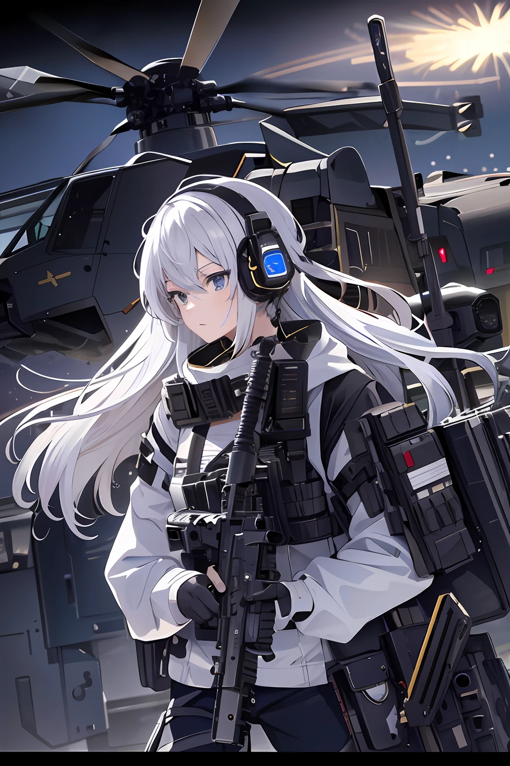 （tmasterpiece, best qualtiy,style of anime，a sense of atmosphere，karo，nigth)（teens girl，White color hair，Black helmet，Black body armor，Wear tactical headsets，Put on a tactical mask，closeup cleavage）(in the background, A gunship about to take off at night)