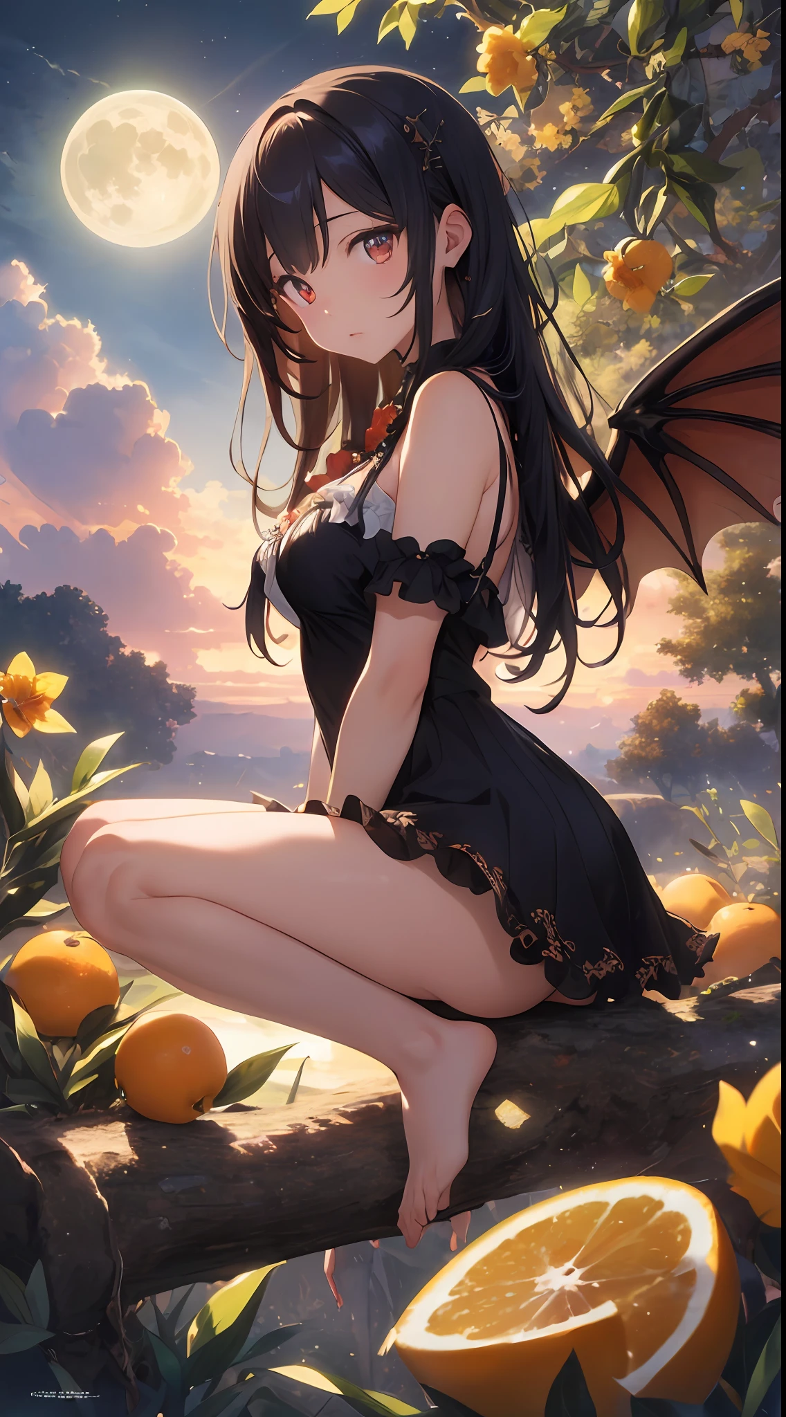 ((Best Quality)), ((Masterpiece)), (Details), Hyperreal, Best Illustration, Very Delicate and Beautiful, Very Elaborate, RAW Photos, Official Art, Beautifully Aesthetic, Seductive Succubus, Ethereal Beauty, Perched on an Orange Blossom Tree, (Fantasy Illustration: 1.3), Seductive Gaze, Seductive Pose, Solo Girl, , 13age, Beautiful Girl, Petite Girl, Loli Big, Delicate wings, otherworldly charm, mysterious sky, (Luis Royo:1.2), (Yoshitaka Amano:1.1), moonlit night, soft colors, (detailed cloud view:1.3), (high resolution: 1.2) (flying dragon), miracle moment, fantastic visual depiction, professional effects