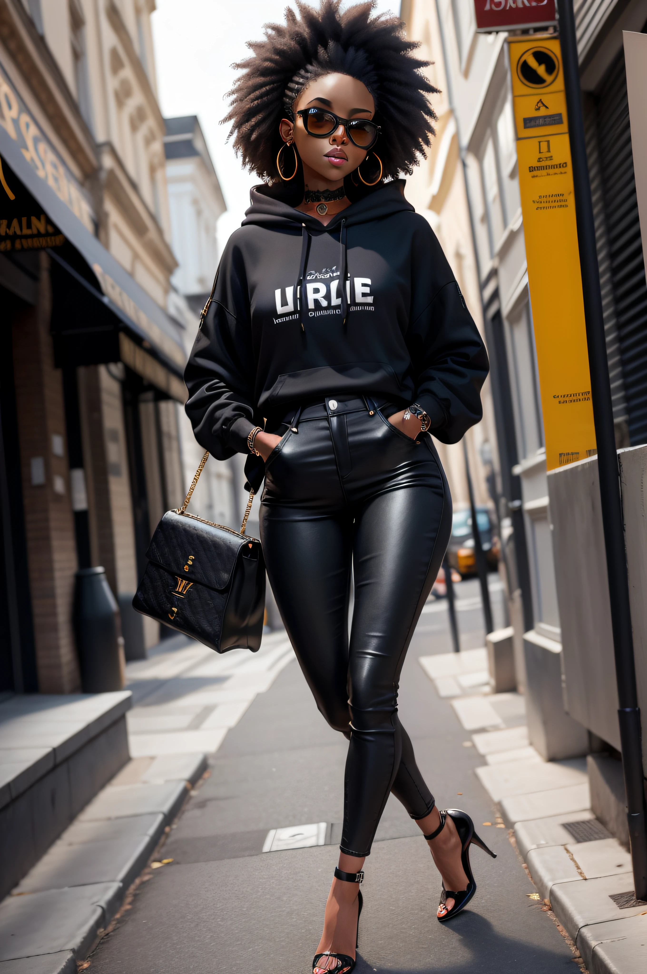Jeune femme noir afro, lunette noir, habille d'un hoodies noir a manche courtes, tattooed forearm, sac Louis Vuitton, jean brut slim, Stiletto heels walk proudly in a morning city