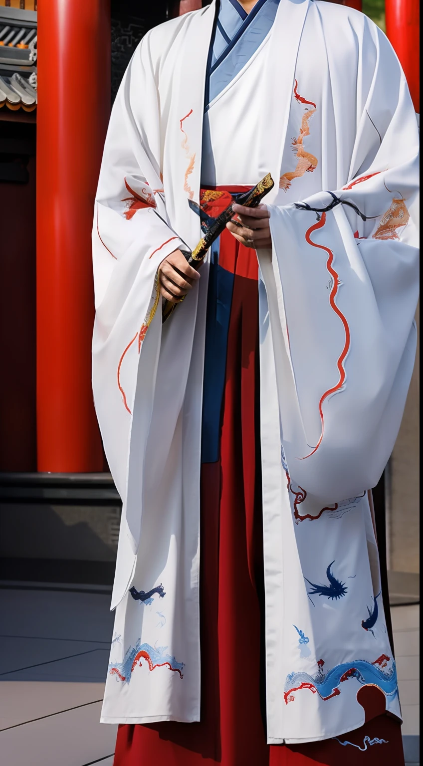 Masterpiece, Highest quality, (solofocus),, (High detail: 1.1),dojo，Red and yellow robes，The male， Man, chinese crown, 1人,and white hair,超高分辨率 , Detailed background, realisticlying, wearing a detailed and intricate xianxia antique outfit