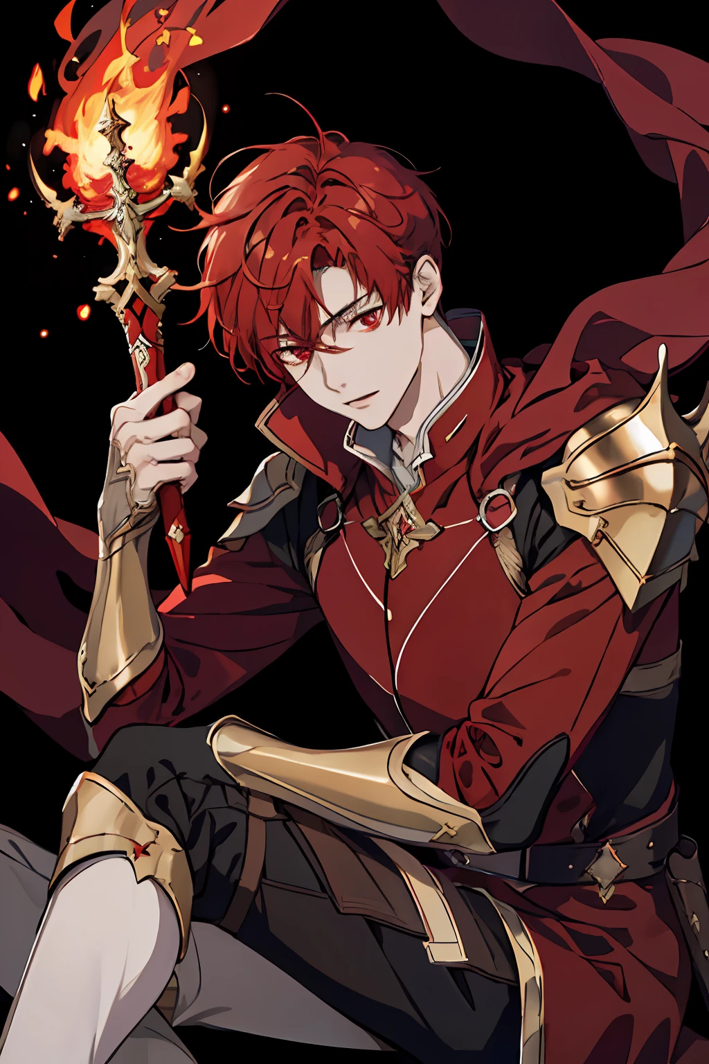 masterpiece, high quality, 1boy,solo,fire,flame,dark background,floating,from below,sitting,male focus,lordgrim\(quanzhigaoshou\), lordgrim\,open mouth, red hair, red eyes, dagger