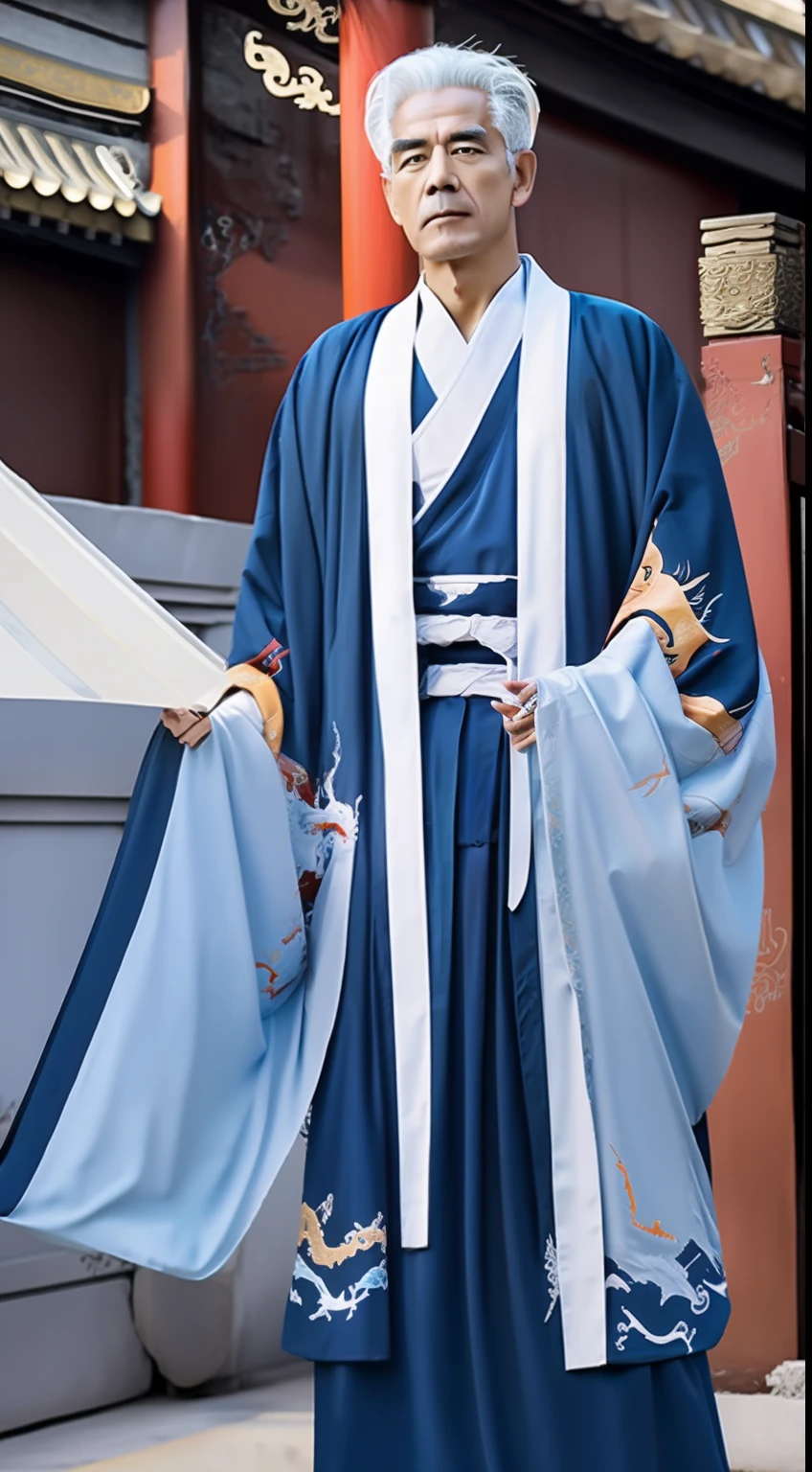 Masterpiece, Highest quality, (solofocus),, (High detail: 1.1),dojo,Red and yellow robes,The male, Man, chinese crown, 1人,and white hair,超高分辨率 , Detailed background, realisticlying, wearing a detailed and intricate xianxia antique outfit