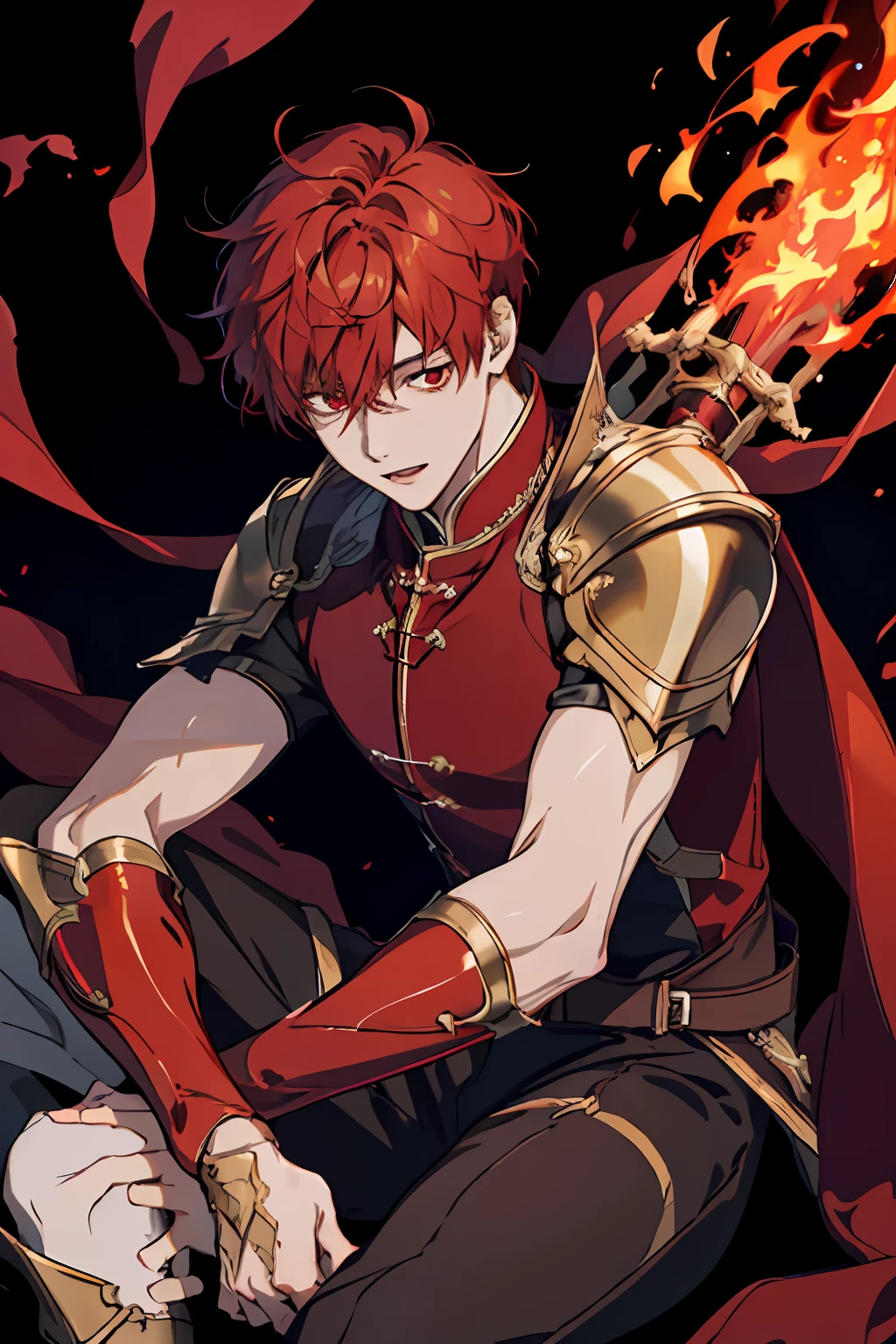 masterpiece, high quality, 1boy,solo,fire,flame,dark background,floating,from below,sitting,male focus,lordgrim\(quanzhigaoshou\), lordgrim\,open mouth, red hair, red eyes, dagger