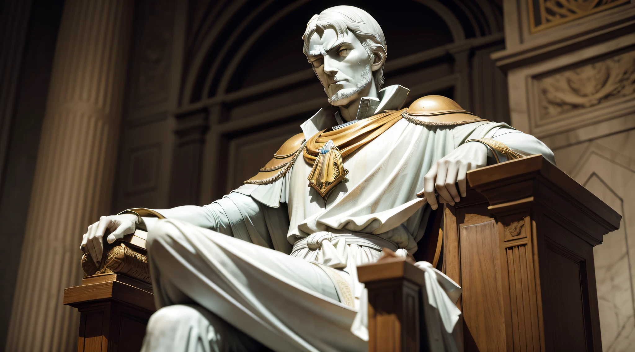 Statue of the great philosopher Niccolò Machiavelli, pensive and stately, elderly man, emperor, sitting on a throne