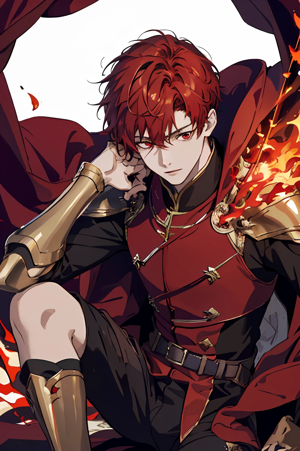 masterpiece, high quality, 1boy,solo,fire,flame,dark background,floating,from below,sitting,male focus,lordgrim\(quanzhigaoshou\), lordgrim\,open mouth, red hair, red eyes, dagger