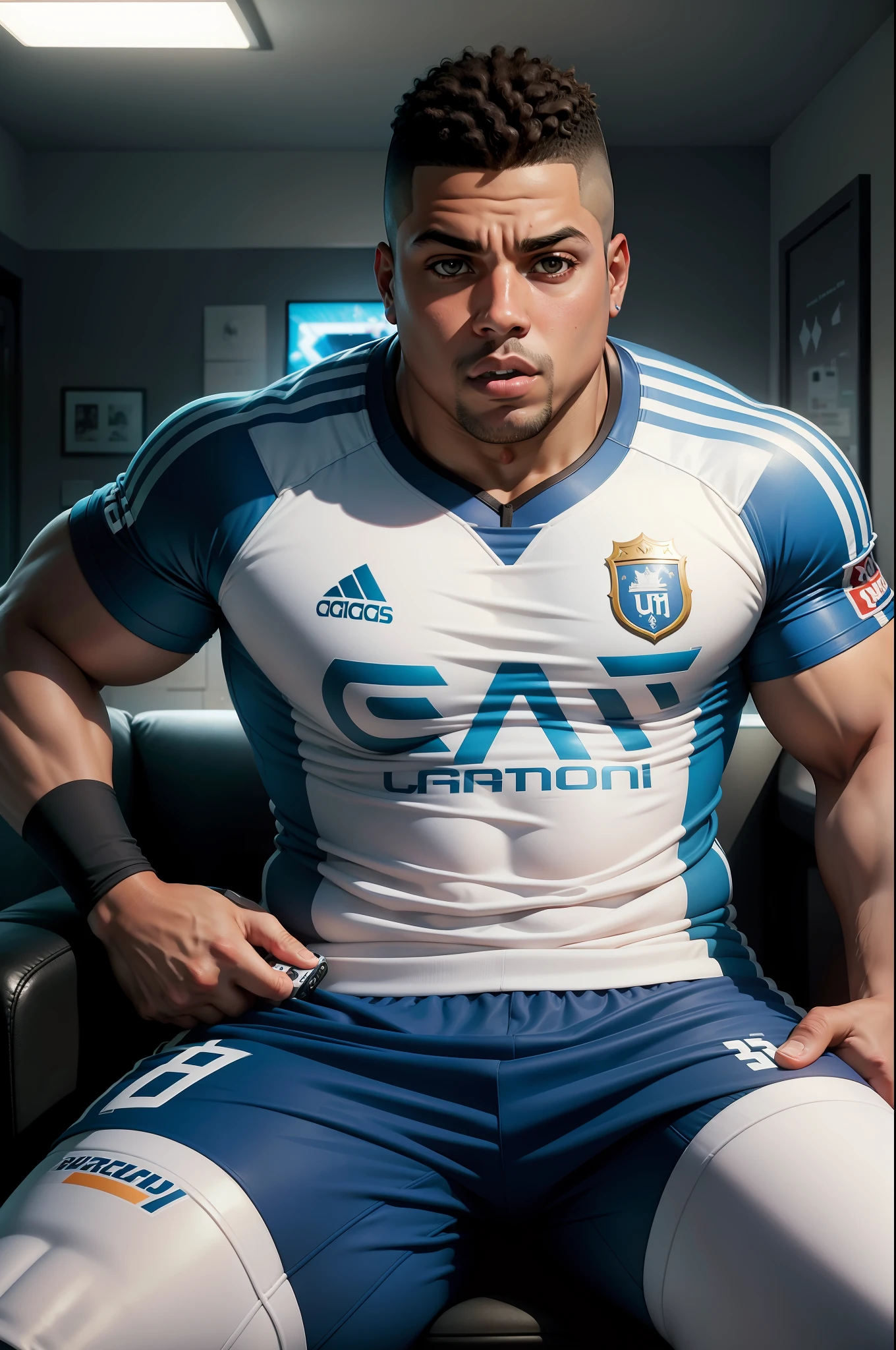 Ronaldo Nazario, holding a game controller in your hands in a room playing video games, roupas de equipe esportiva, Beer in your hands, rosto detalhado, olhos detalhados, Ki ao redor, energia ao redor