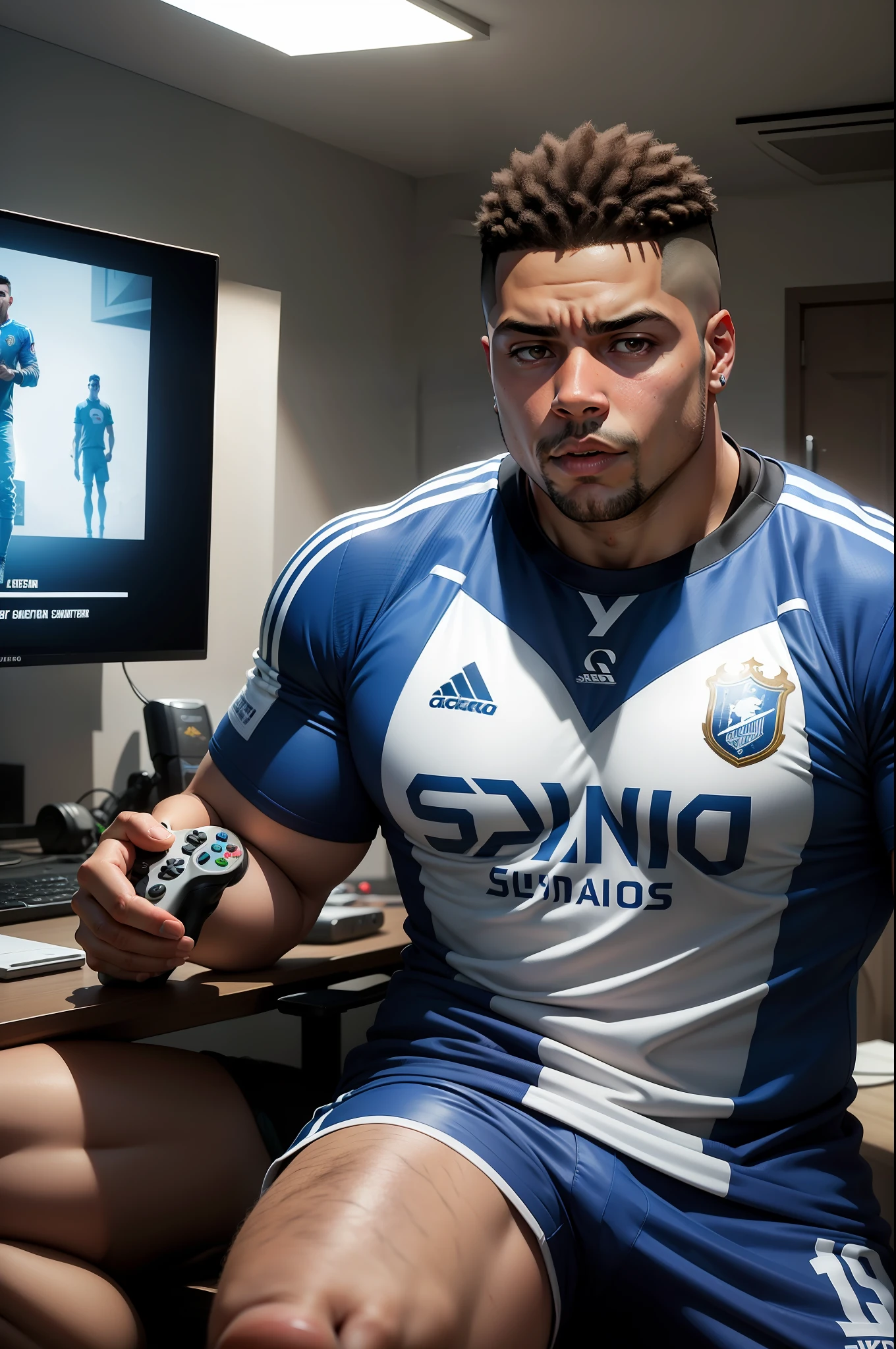Ronaldo Nazario, holding a game controller in your hands in a room playing video games, roupas de equipe esportiva, Beer in your hands, rosto detalhado, olhos detalhados, Ki ao redor, energia ao redor