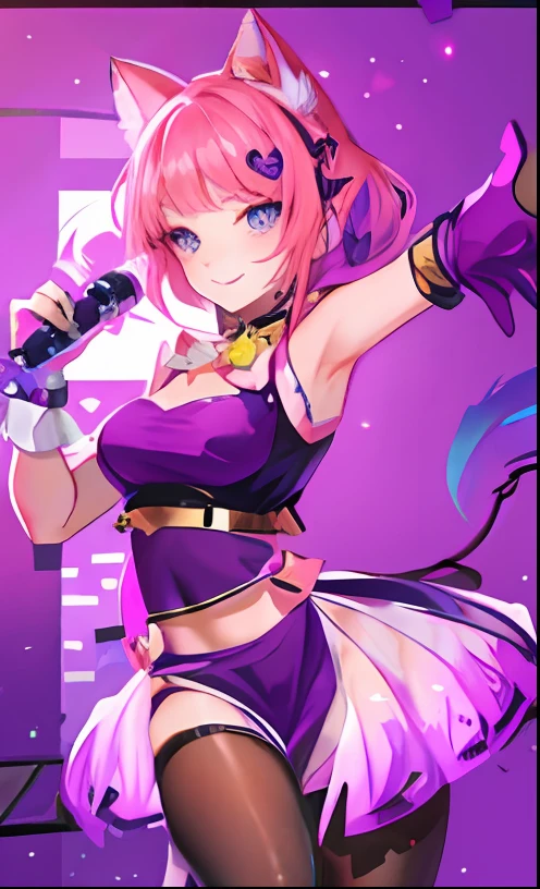 Anime girls dressed in purple，There is a cat tail, flirty anime witch casting magic, seraphine ahri kda, female furry mini cute style, Portrait Chevaliers du Zodiaque Fille, portrait of magical girl, sparkling magical girl, my dress up darling anime, alluring elf princess knight, Beautiful celestial mage, knights of zodiac girl, astral witch clothes，Hold the microphone in your left hand🎤