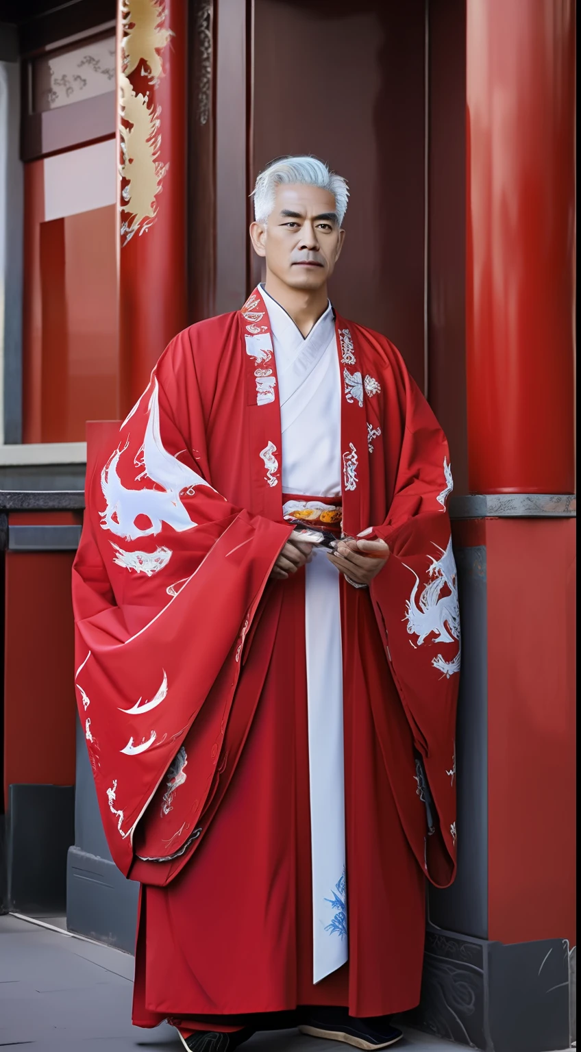 Masterpiece, Highest quality, (solofocus),, (High detail: 1.1),dojo,Red and yellow robes,The male, Man, chinese crown, 1人,and white hair,超高分辨率 , Detailed background, realisticlying, wearing a detailed and intricate xianxia antique outfit