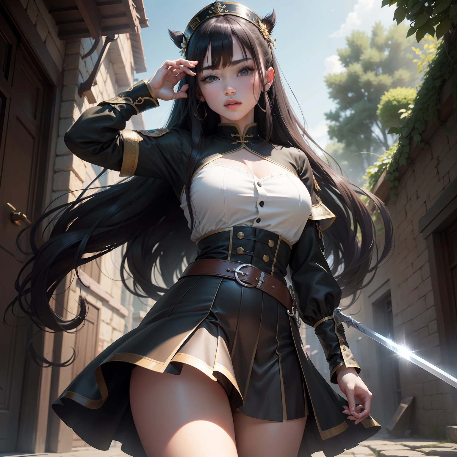 The animations are rich in detail,This is a high-quality 8K masterpiece。 women,Wear a monocular patch on the left eye,bachelorhood,Sharp eyes,sliver long hair,Puffy skirt,sword