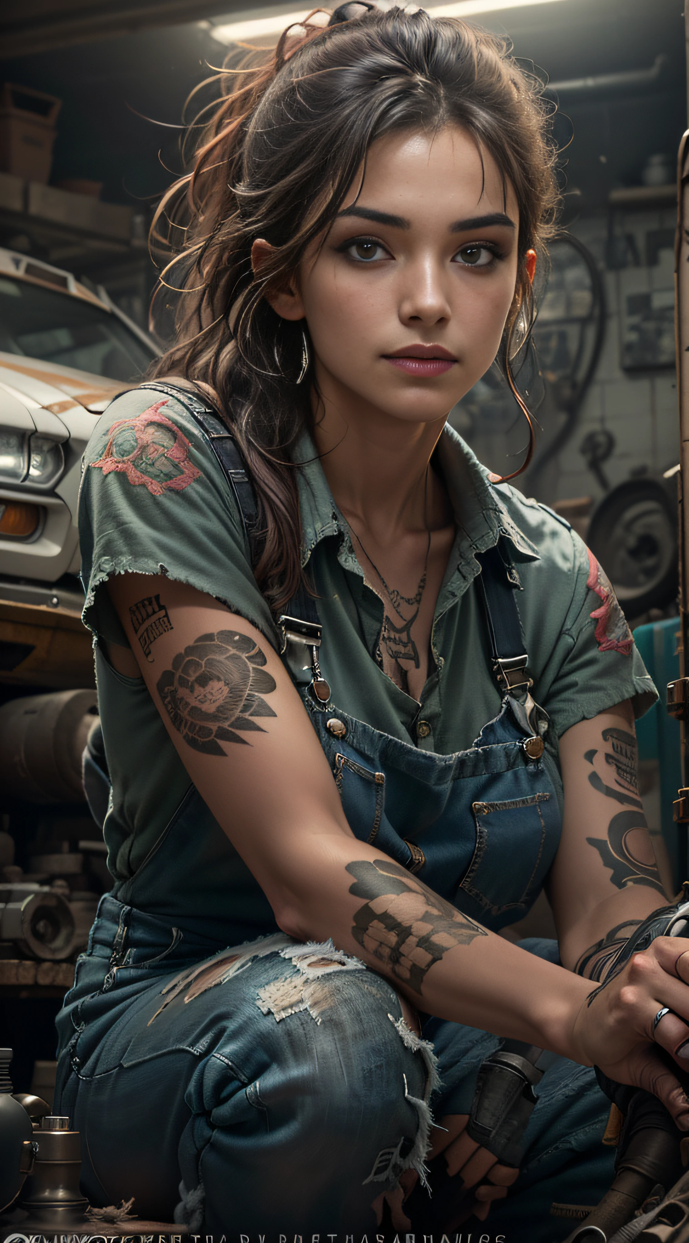 ((best quality)), ((masterpiece)), (detailed), mesmerizing and alluring female mechanic covered in grease,Confident smile，Look into the camera，(Dirty and rugged charm:1.2), (tough and confident demeanor:1.1), (mechanical expertise:1.3), disheveled hair, smudged face with a playful smirk, stained overalls clinging to her curves, (gritty tools of the trade:1.2), cluttered repair shop, scattered car parts, (authentic automotive ambiance:1.2), (intense gaze:1.1), gripping a wrench in her dirty hands, 8k resolution,looking at another, looking away,( tattoo:1.2), masterpiece, best quality,Photorealistic, ultra-high resolution, photographic light