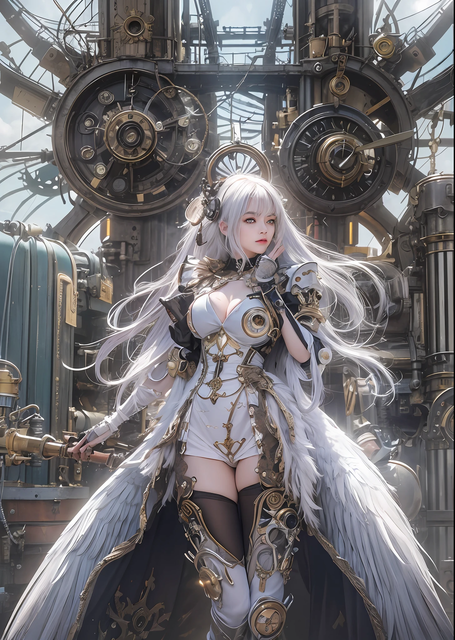 top-quality、masterpiece、超A high resolution、(Photorealsitic:1.4)、Raw photo、Steampunk Cyborg Angel、large wings made of metal、White porcelain body、Acrylic Clear Cover、white hair、glowy skin、1 steampunk girl、((super realistic details))、portlate、globalillumination、Shadow、octan render、8K、ultrasharp、character edge light,Colossal tits、Raw skin is exposed in cleavage、Details of complex ornaments、Details of the steam engine、Hydraulic cylinder、Small LED lamp、highly intricate detail、Realistic light、a purple eye、radiant eyes、Facing the camera、neon details、cowboy shot、Futuristic headgear、The background is a steampunk city、、