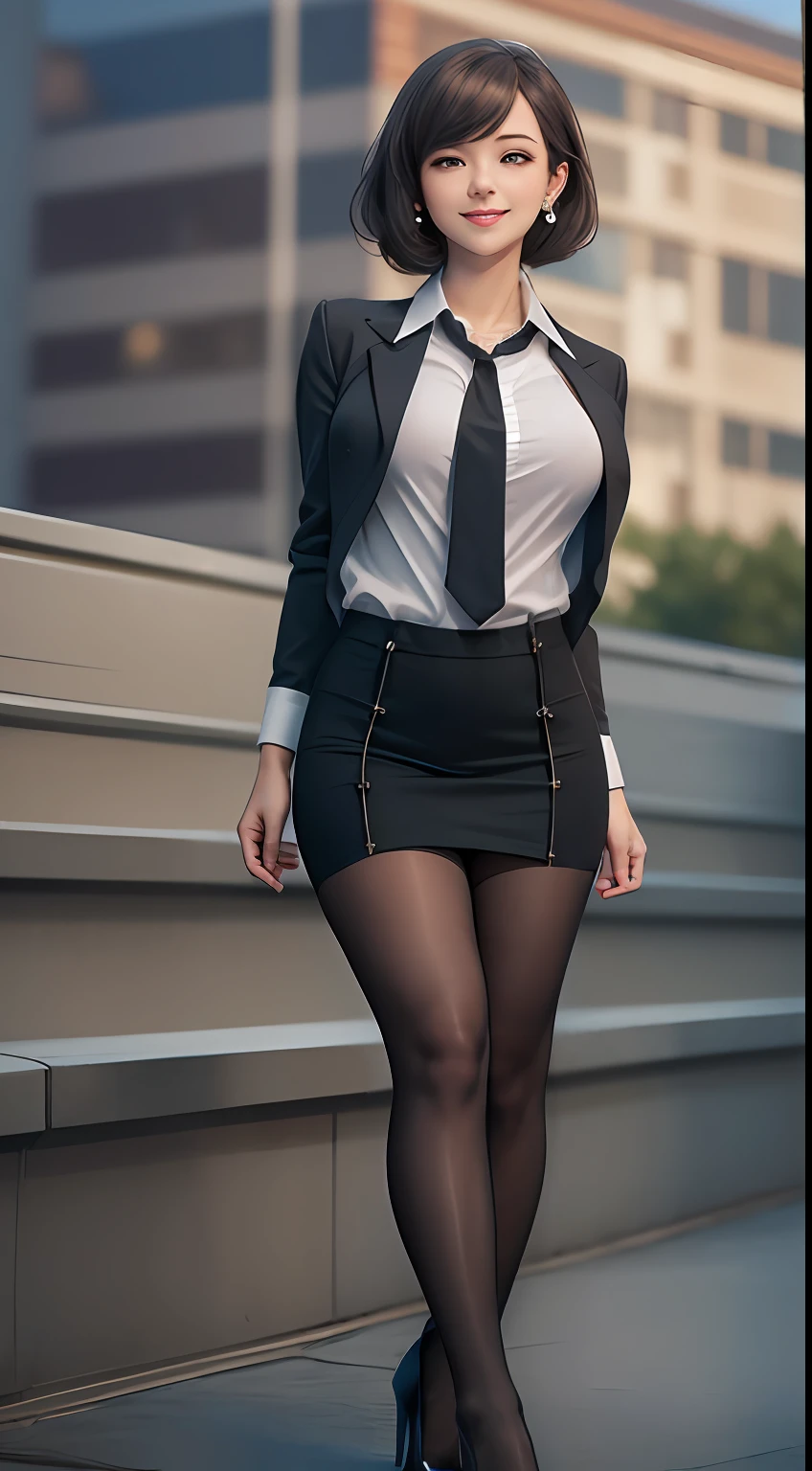 (8K, Best quality, Masterpiece:1.2),
(Realistic, photo-realistic:1.37),
Ultra-detailed,
1 girl, full bodyesbian, Outdoors, (Adjust hair:1.5)
Office Lady, black officeblazer, officeskirt, (Pantyhose black stockings:1.2), (short buttoneddownshirt:1.2), buttonedupcollarprim, buttoneddowncollarprim, Bra, (Pantyhose:1.2), alphalayers, high-heels,
Beautiful earrings,
Cute,
Solo,
Beautiful detailed sky,
(Smile:1.15),
(Closed mouth),
Small breasts,
Beautiful detailed eyes,
Business attire,
(Short hair:1.2),
Floating hair NovaFrogStyle,