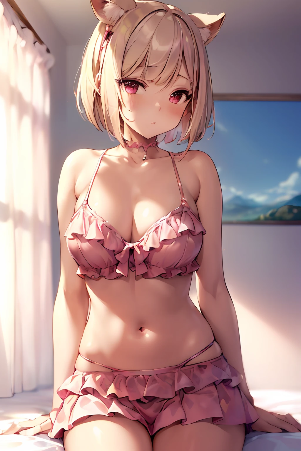 (anisphia_wynn_palettia:1.2), 
pink skirt, short hair, bikini, 
(((masterpiece))),(((best quality))),(((extremely detailed))),
illustration, shiny,chromatic aberration abuse,pastel color