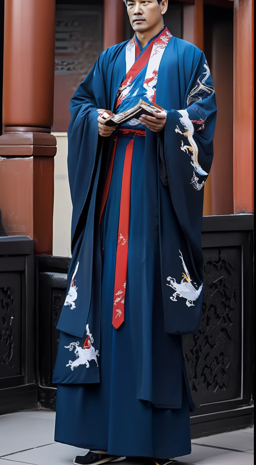 Masterpiece, Highest quality, (solofocus),, (High detail: 1.1),dojo,Red and yellow robes,The male, Man, chinese crown, 1人,and white hair,超高分辨率 , Detailed background, realisticlying, wearing a detailed and intricate xianxia antique outfit