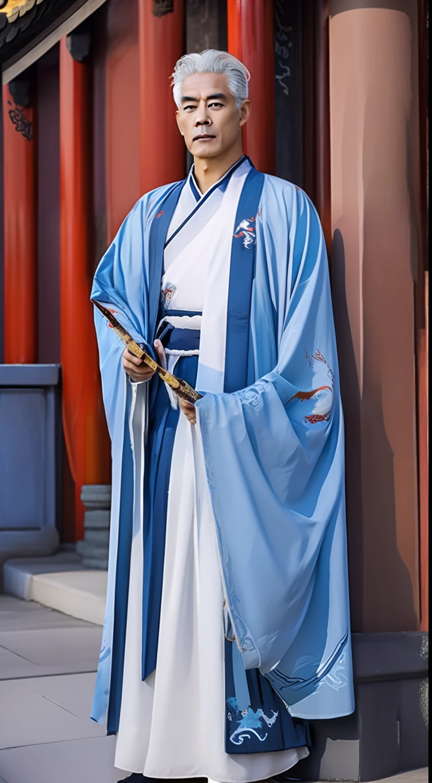 Masterpiece, Highest quality, (solofocus),, (High detail: 1.1),dojo，Red and yellow robes，The male， Man, chinese crown, 1人,and white hair,超高分辨率 , Detailed background, realisticlying, wearing a detailed and intricate xianxia antique outfit