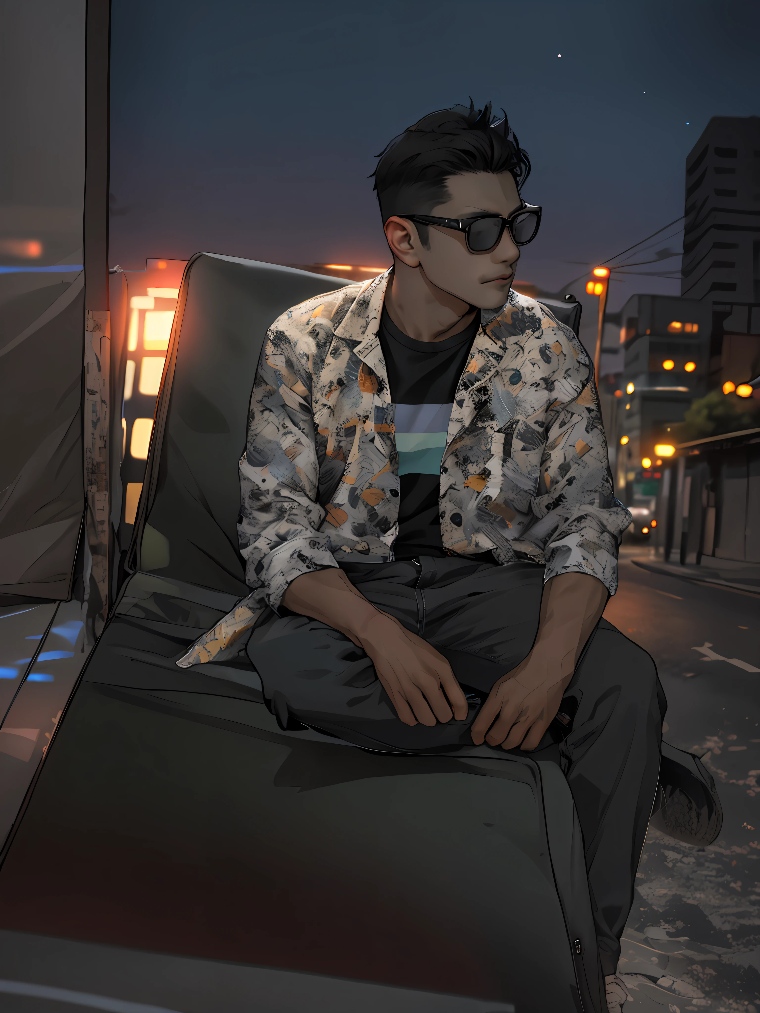 1man,masterpiece,best quality, ultra high res, dusk,cityscape,depth of field, short black messy hair, solo male