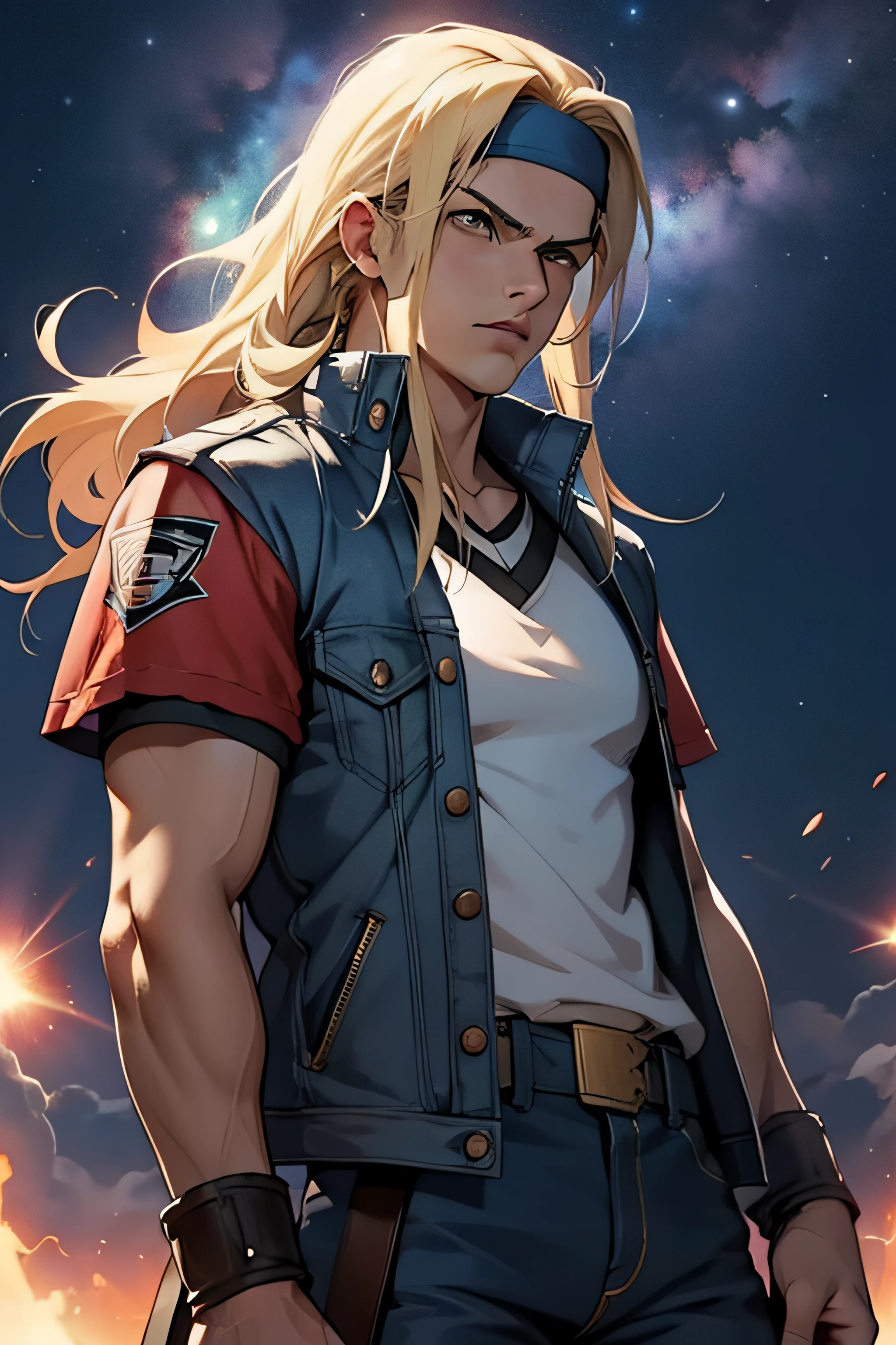 1 solo Terry Bogard, raios, thunder, thunder , cabelo blond, roupas pretas, vestes pretas, Nebula and smoke