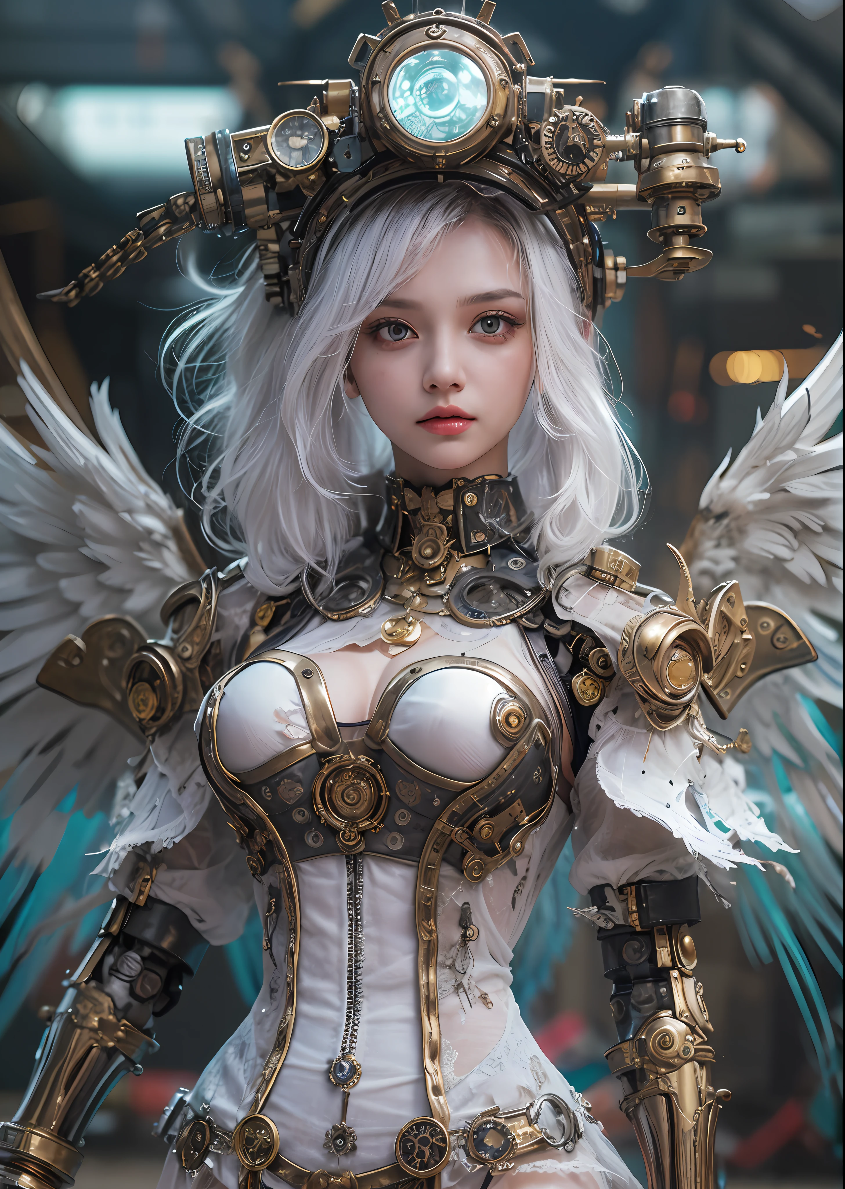 top-quality、masterpiece、超A high resolution、(Photorealsitic:1.4)、Raw photo、Steampunk Cyborg Angel、large wings made of metal、White porcelain body、Acrylic Clear Cover、white hair、glowy skin、1 steampunk girl、((super realistic details))、portlate、globalillumination、Shadow、octan render、8K、ultrasharp、character edge light,Colossal tits、Raw skin is exposed in cleavage、Details of complex ornaments、Details of the steam engine、Hydraulic cylinder、Small LED lamp、highly intricate detail、Realistic light、a purple eye、radiant eyes、Facing the camera、neon details、cowboy shot、Futuristic headgear、The background is a steampunk city、、