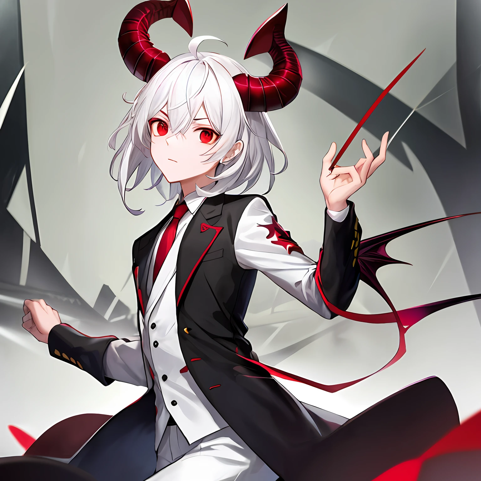 masterpiece, best quality, boy, white hair, medium hair, ahoge, red eyes, crazy eyes, red eyeshadow, suit , demon horns,