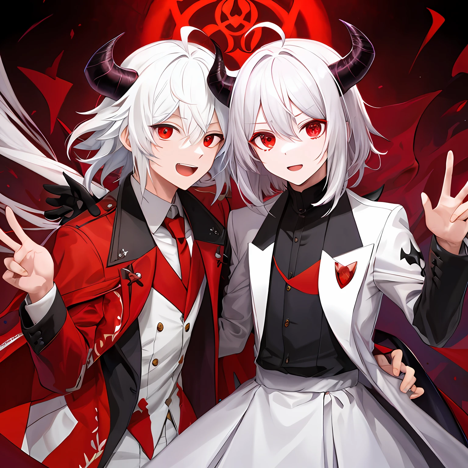 masterpiece, best quality, boy, white hair, medium hair, ahoge, red eyes, crazy eyes, red eyeshadow, suit , demon horns,