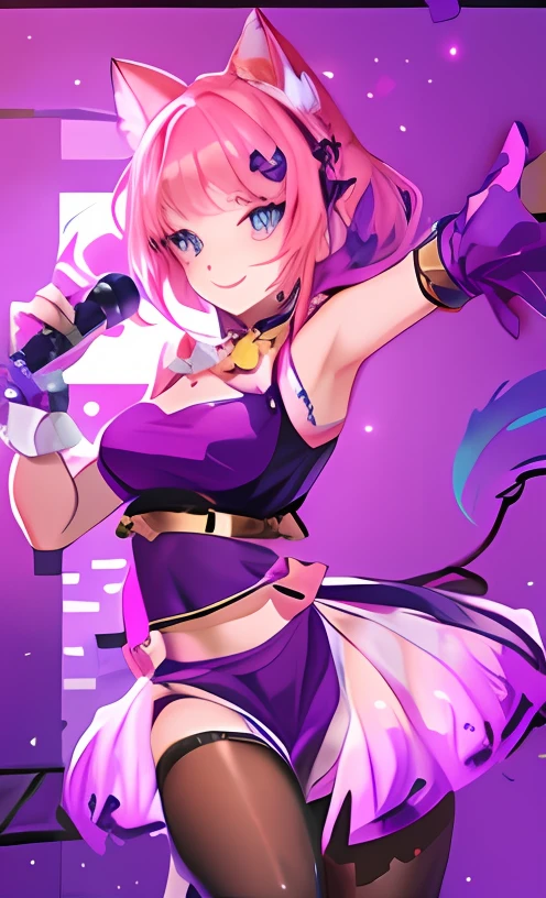 Anime girl in purple,There is a cat tail, flirty anime witch casting magic, seraphine ahri kda, female furry mini cute style, Portrait Chevaliers du Zodiaque Fille, portrait of magical girl, sparkling magical girl, my dress up darling anime, alluring elf princess knight, Beautiful celestial mage, knights of zodiac girl, astral witch clothes,Hold the microphone in your left hand🎤