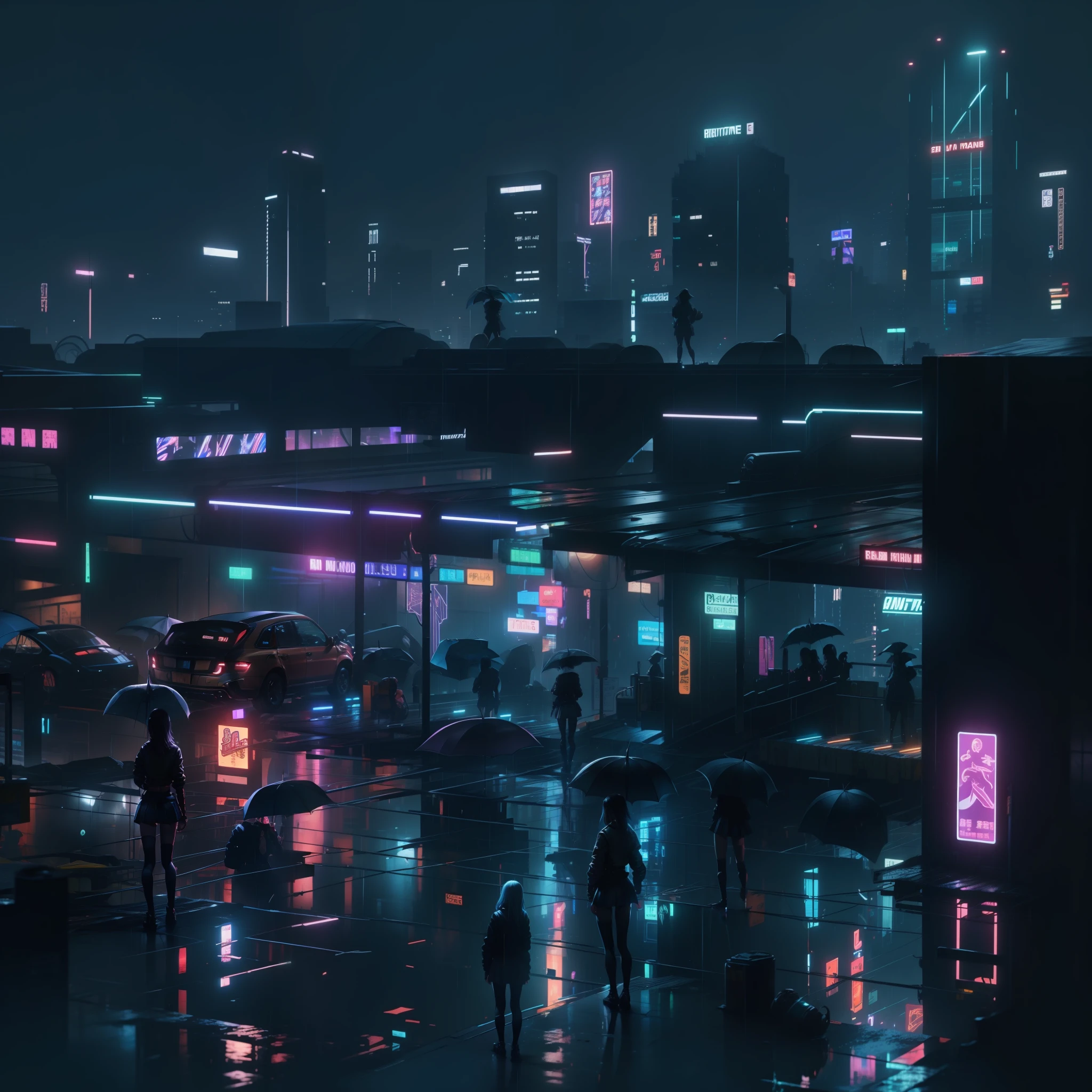 Rainy days，A group of teenage warriors，High-rise buildings，nigth，neonlight