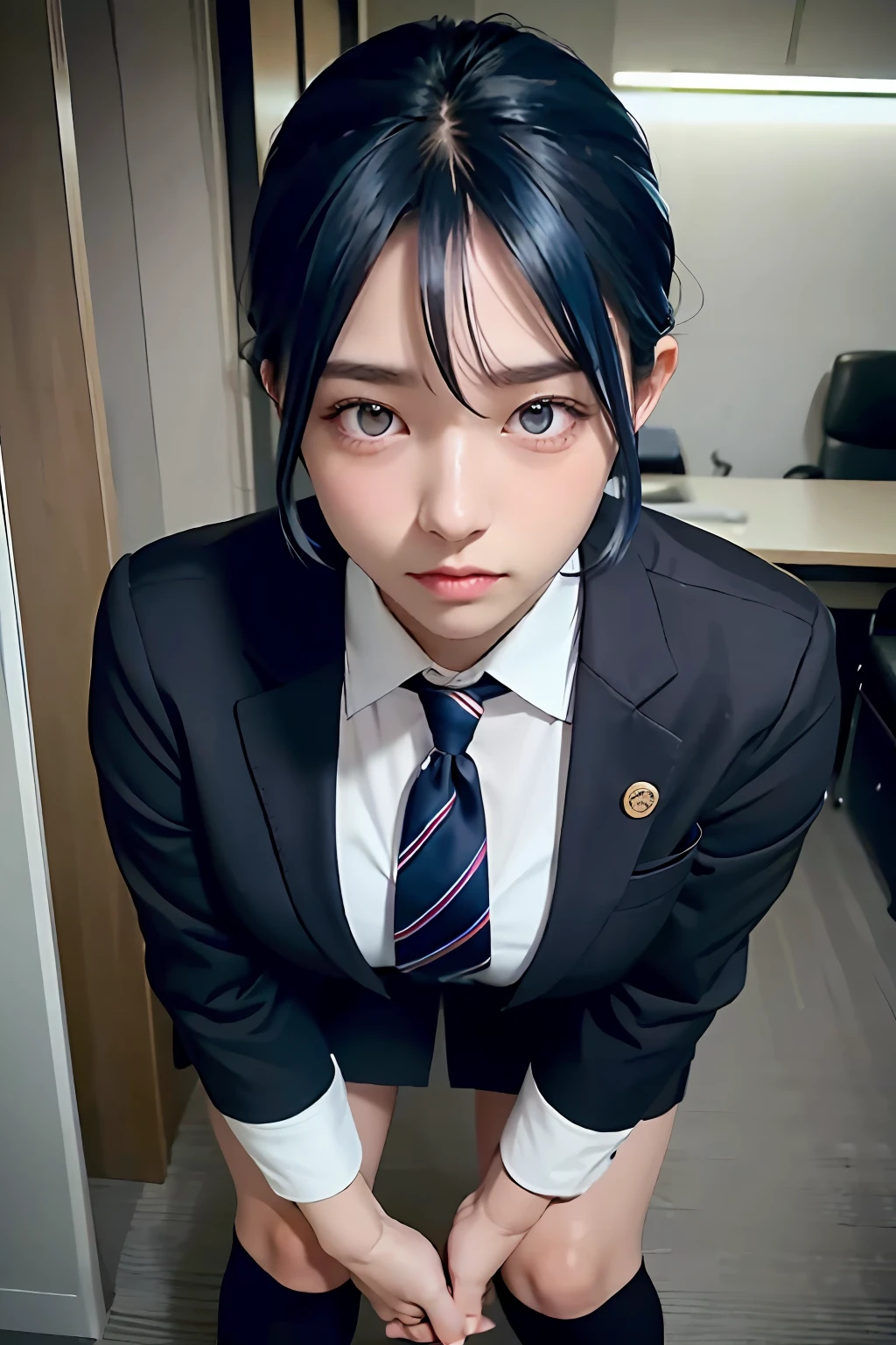 Knee-high socks, over-kneehighs, business suit, skirt suit, photorealistic, high resolution, one girl, black hair, korean, heterochromic eyes, small moles under eyes, big breasts, blue hair, office
